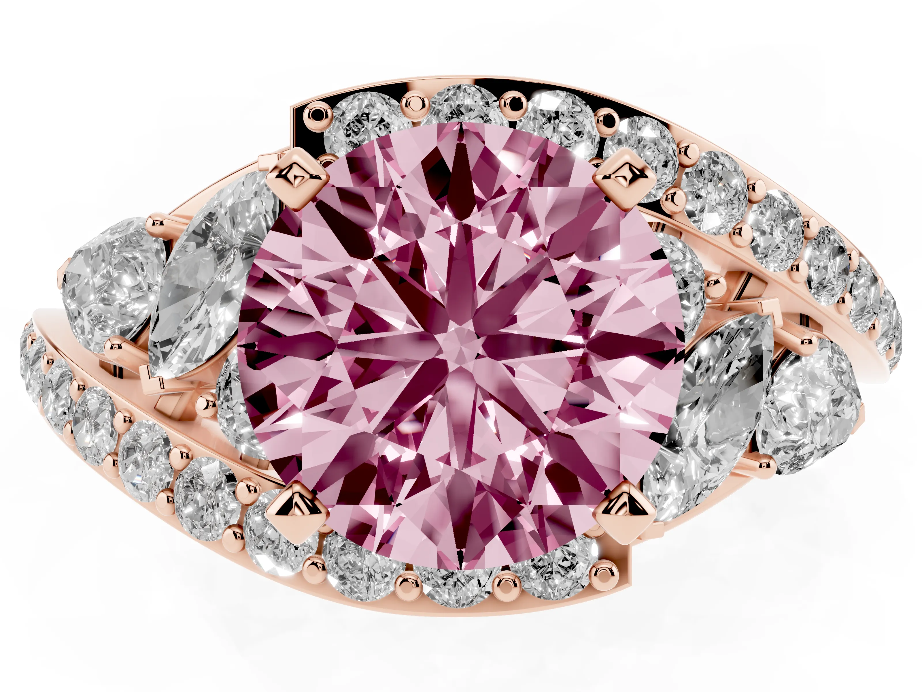 Fancy Pink Round Cut Diamond Halo Ring Set in Rose gold with Marquise and Pavé Band in Prong Setting