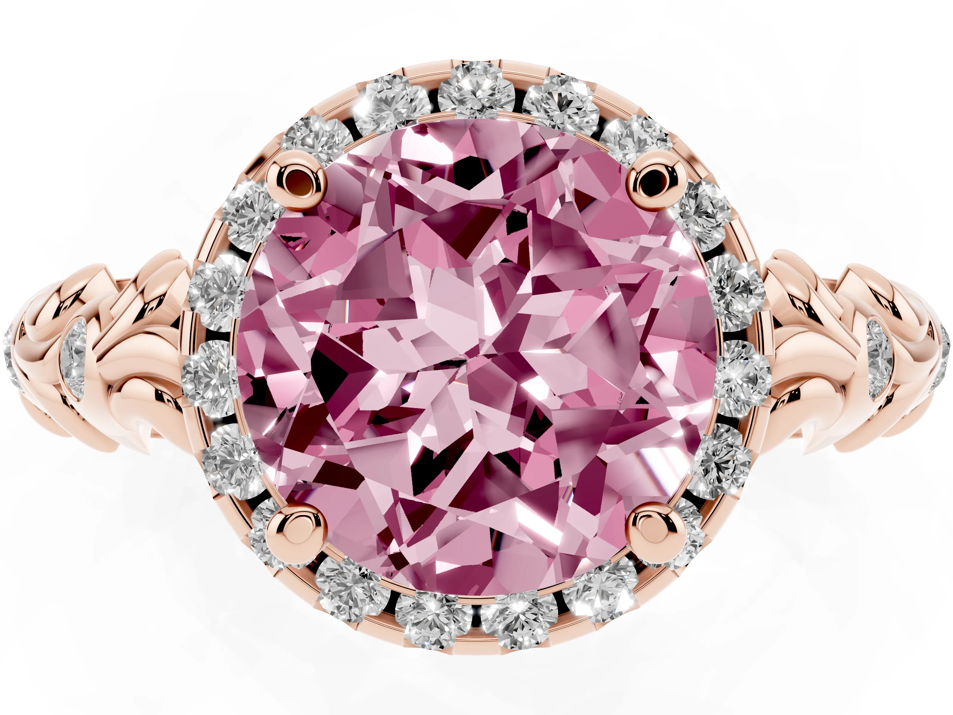 Fancy Pink Round Cut Diamond Halo Ring Set in Rose gold with Filigree Leaf Band and Prong Setting