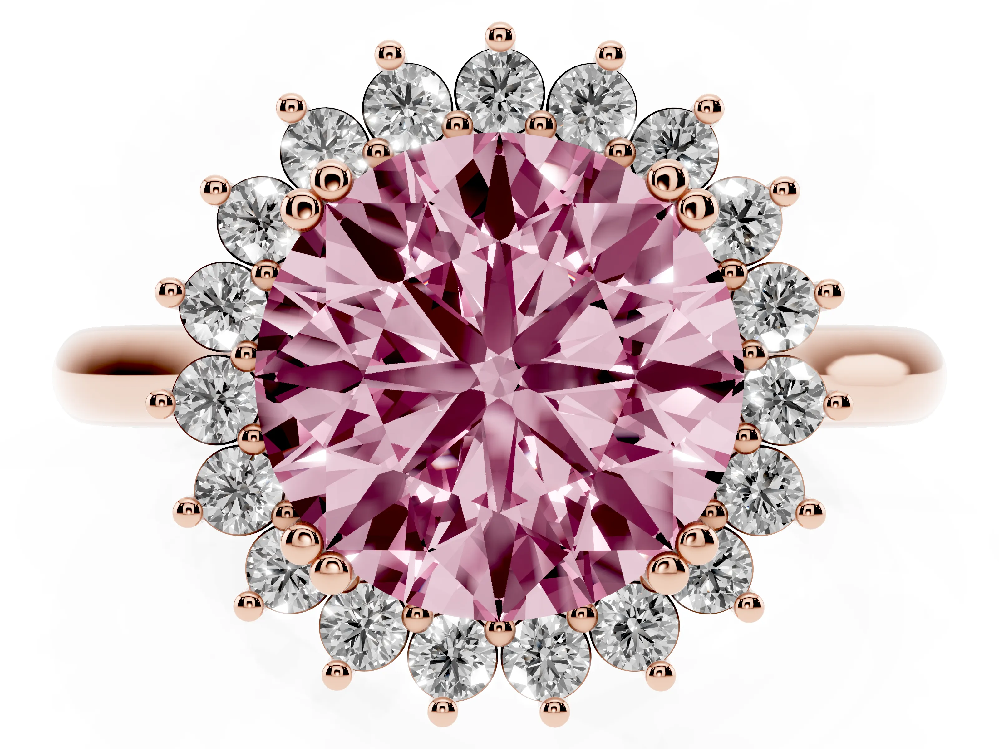 Fancy Pink Round Cut Diamond Halo Ring Set in Rose gold with Plain Solitaire Band and Prong Setting