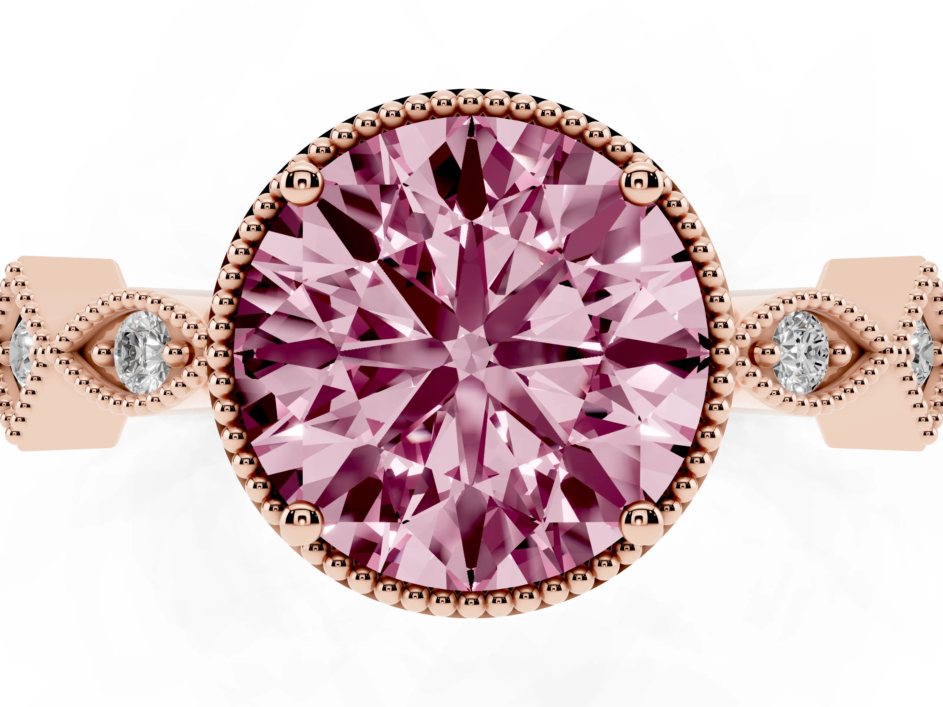 Fancy Pink Round Cut Diamond Milgrain Marquise Twist Band Ring Set in Rose gold with Prong Setting