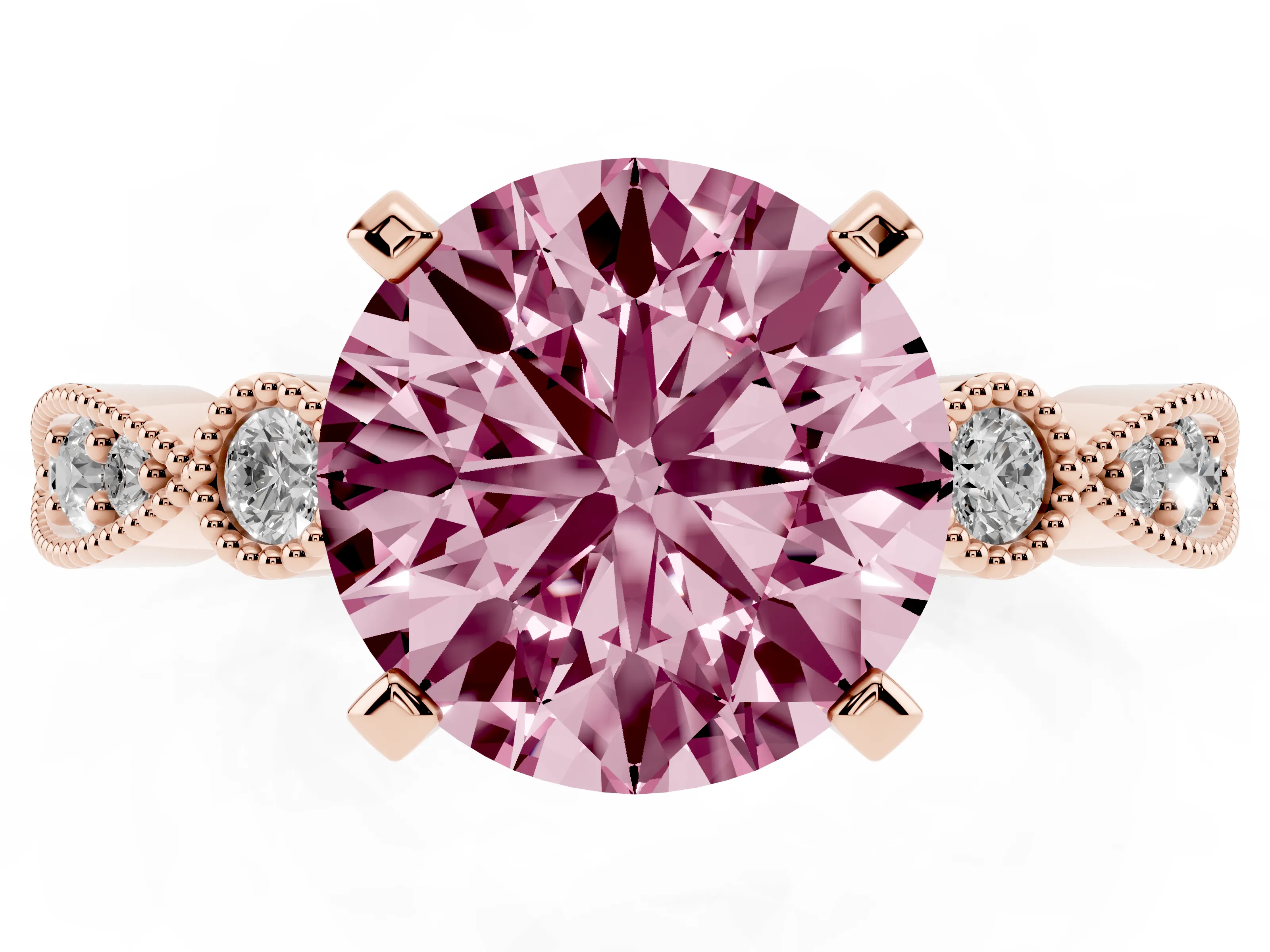 Fancy Pink Round Cut Diamond Solitaire Engagement Ring Set in Rose gold with Milgrain Bezel Accent Band