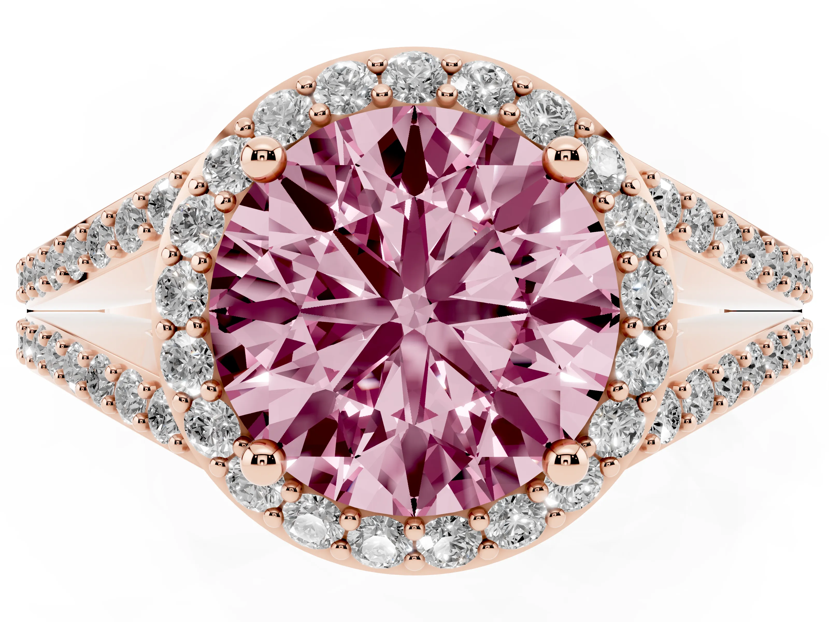 Fancy Pink Round Cut Diamond Halo Split Shank Pavé Ring Set in Rose gold with Prong Setting