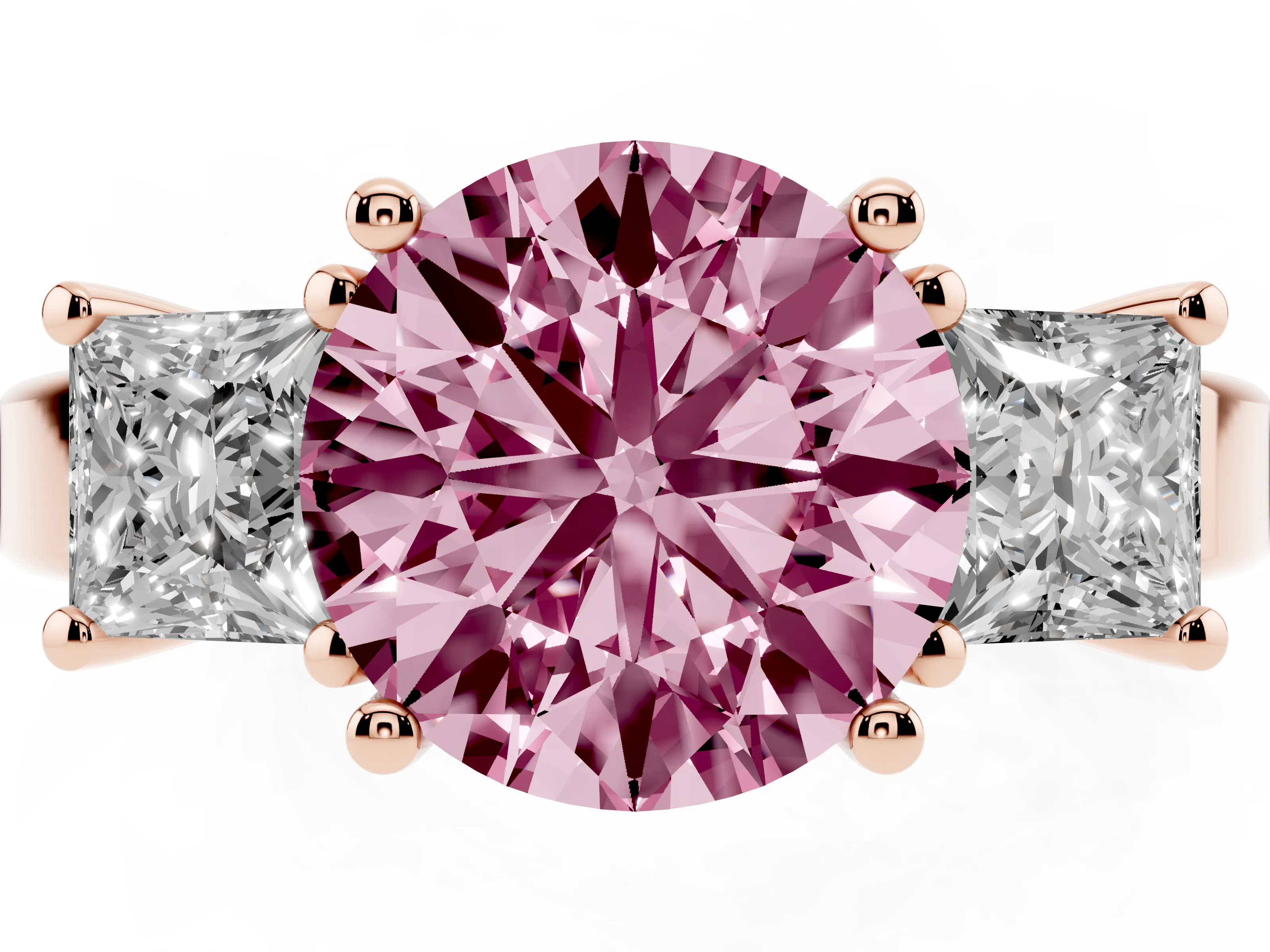 Fancy Pink Three-Stone Round Cut Diamond Solitaire Ring Set in Rose gold with Prong Setting