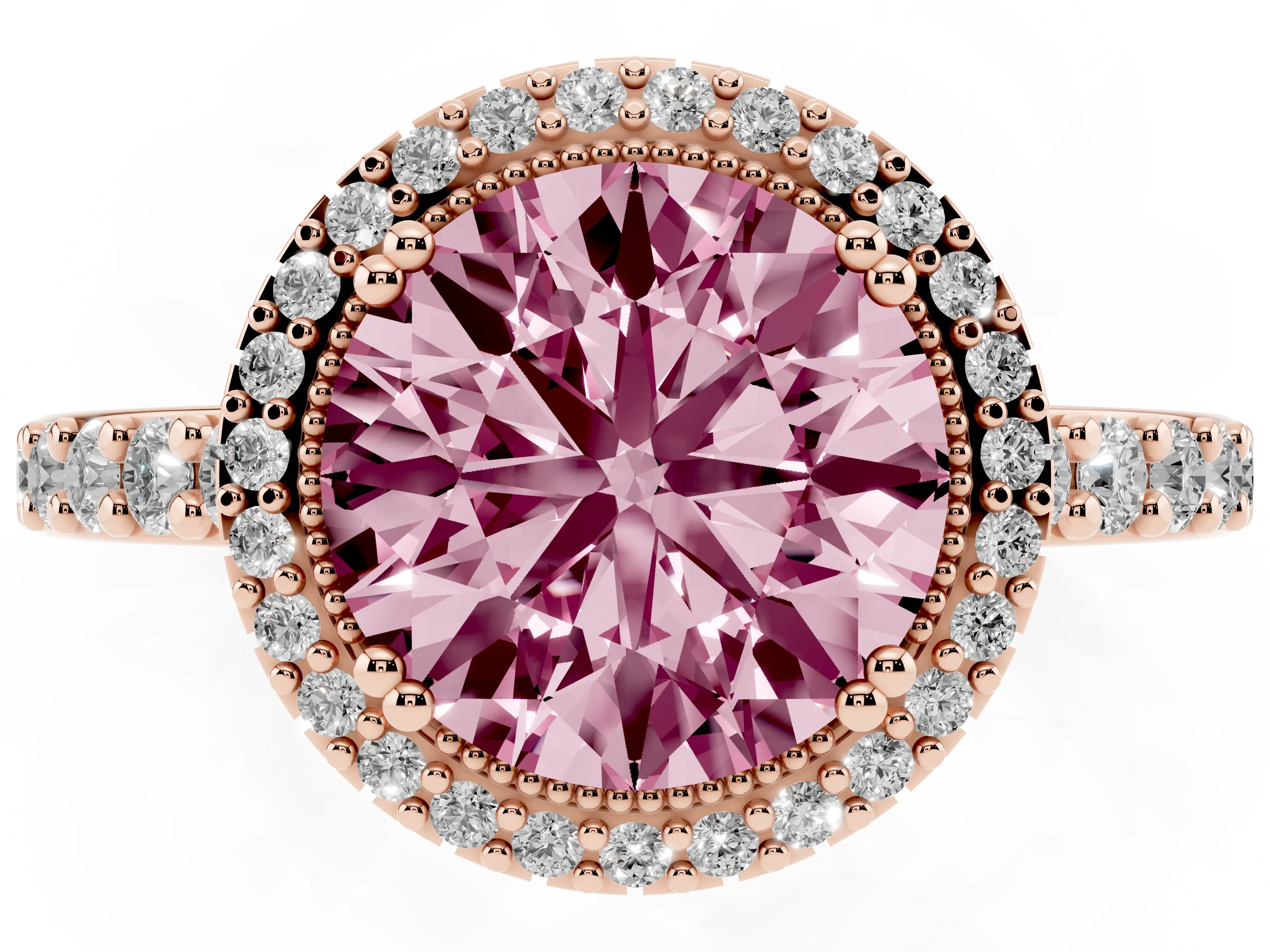 Fancy Pink Round Cut Diamond Halo Engagement Ring Set in Rose gold with Milgrain Detail and Pavé Band