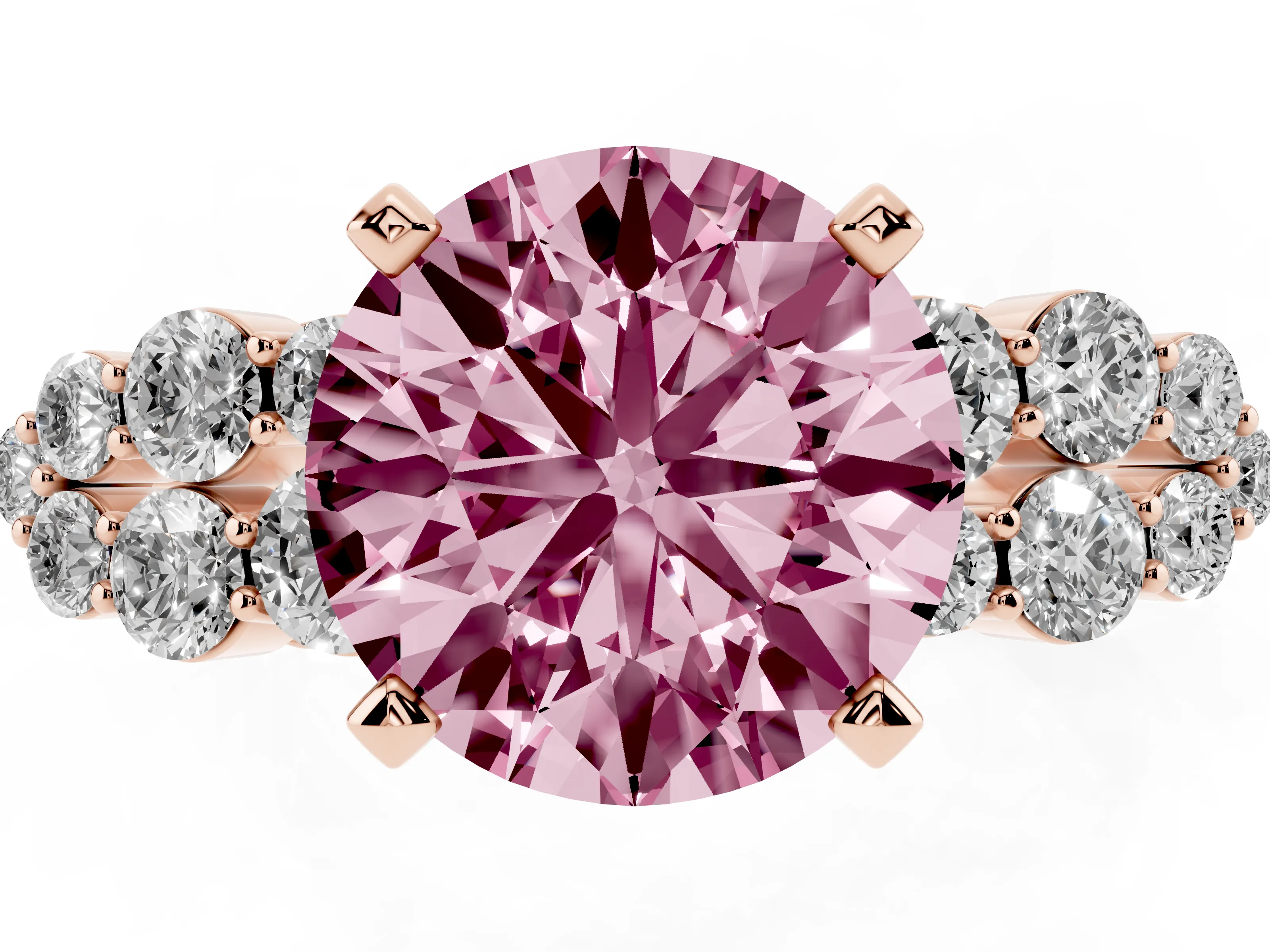 Fancy Pink Round Cut Diamond Cluster Engagement Ring Set in Rose gold with Pavé Band and Prong Setting