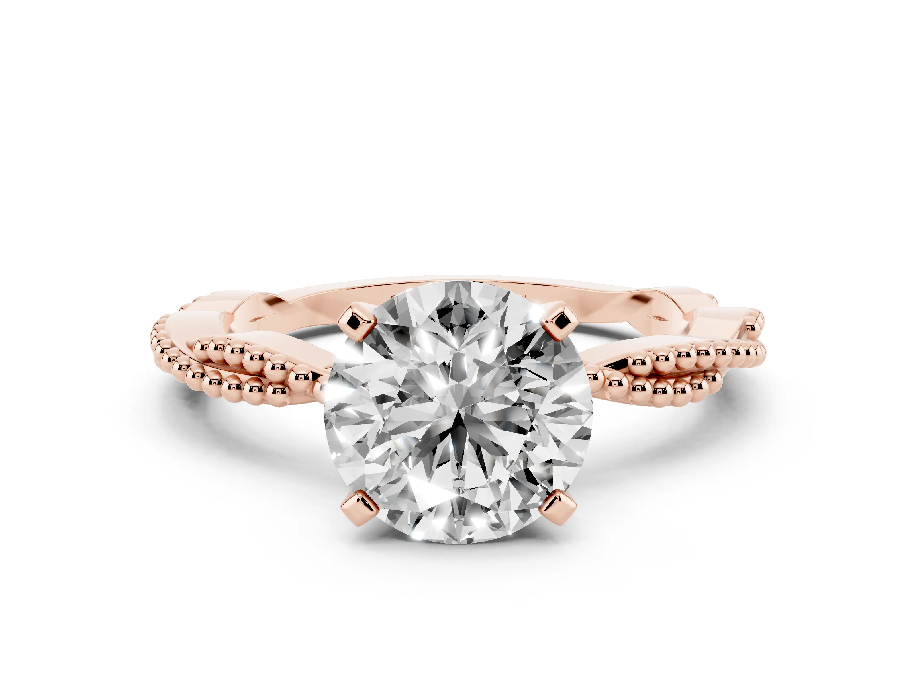 Round Cut Diamond Solitaire Ring Set in Rose gold with Twisted Band and Bead Prong Setting