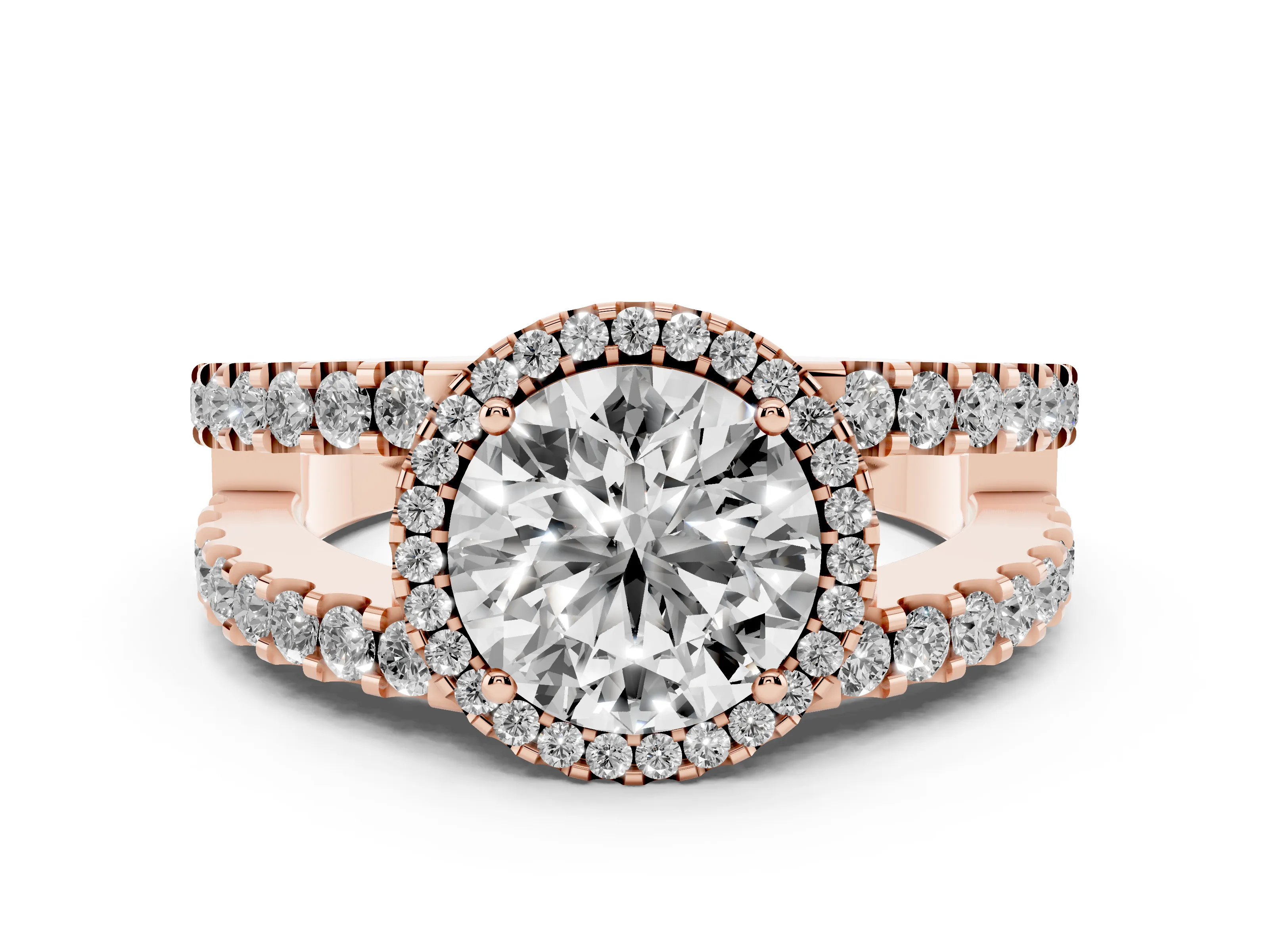 Round Cut Diamond Halo Ring Set in Rose gold with Pavé Split Shank and Prong Setting