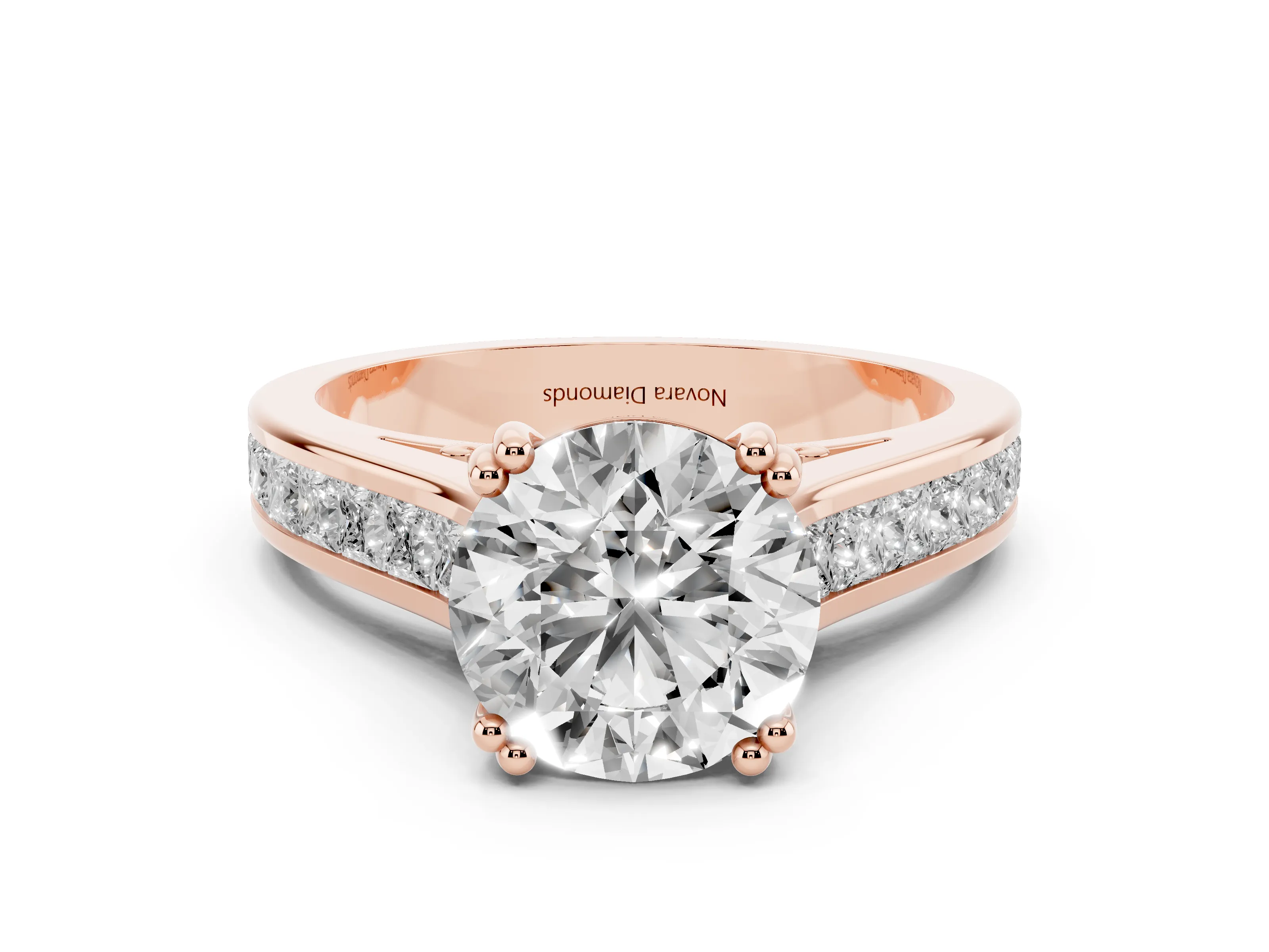 Round Cut Diamond Channel Set Solitaire Engagement Ring Set in Rose gold with Prong Setting