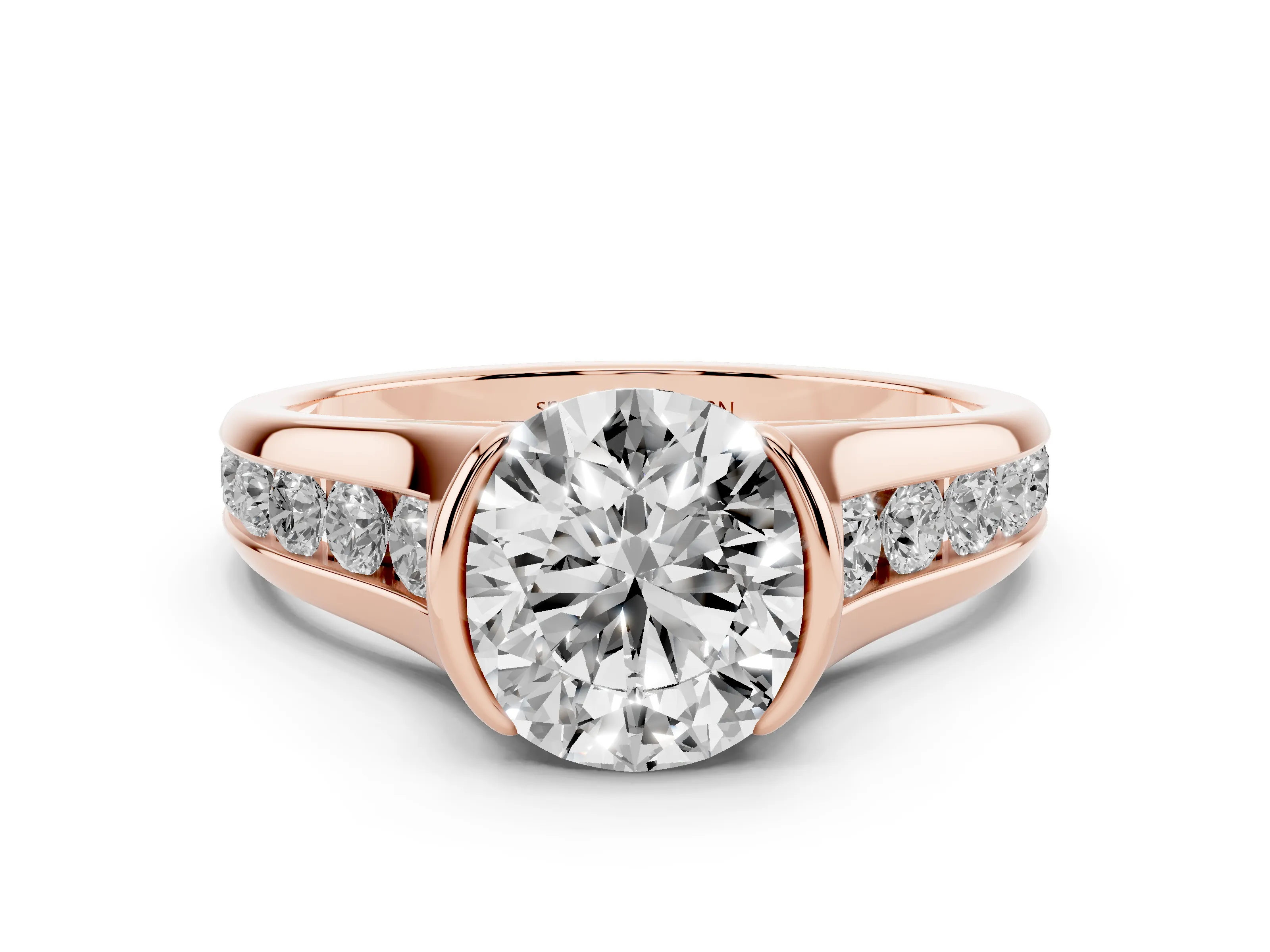 Round Cut Diamond Bezel-Set Solitaire Ring Set in Rose gold with Channel-Set Band