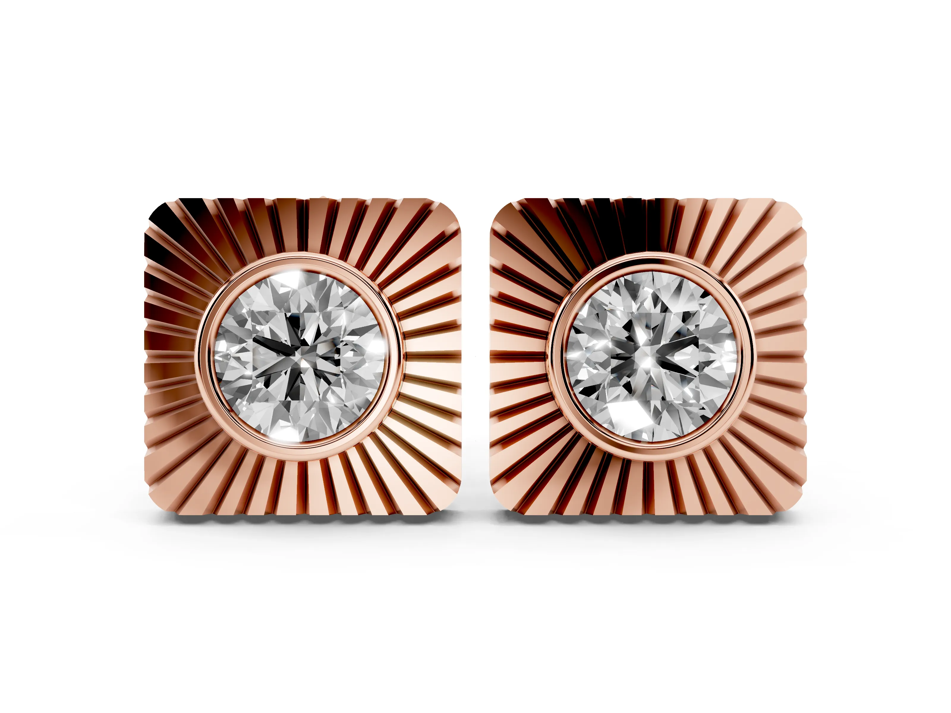 Round Lab-Grown Diamond Bezel Stud Earrings | Sunburst Square Frame | Rose Gold