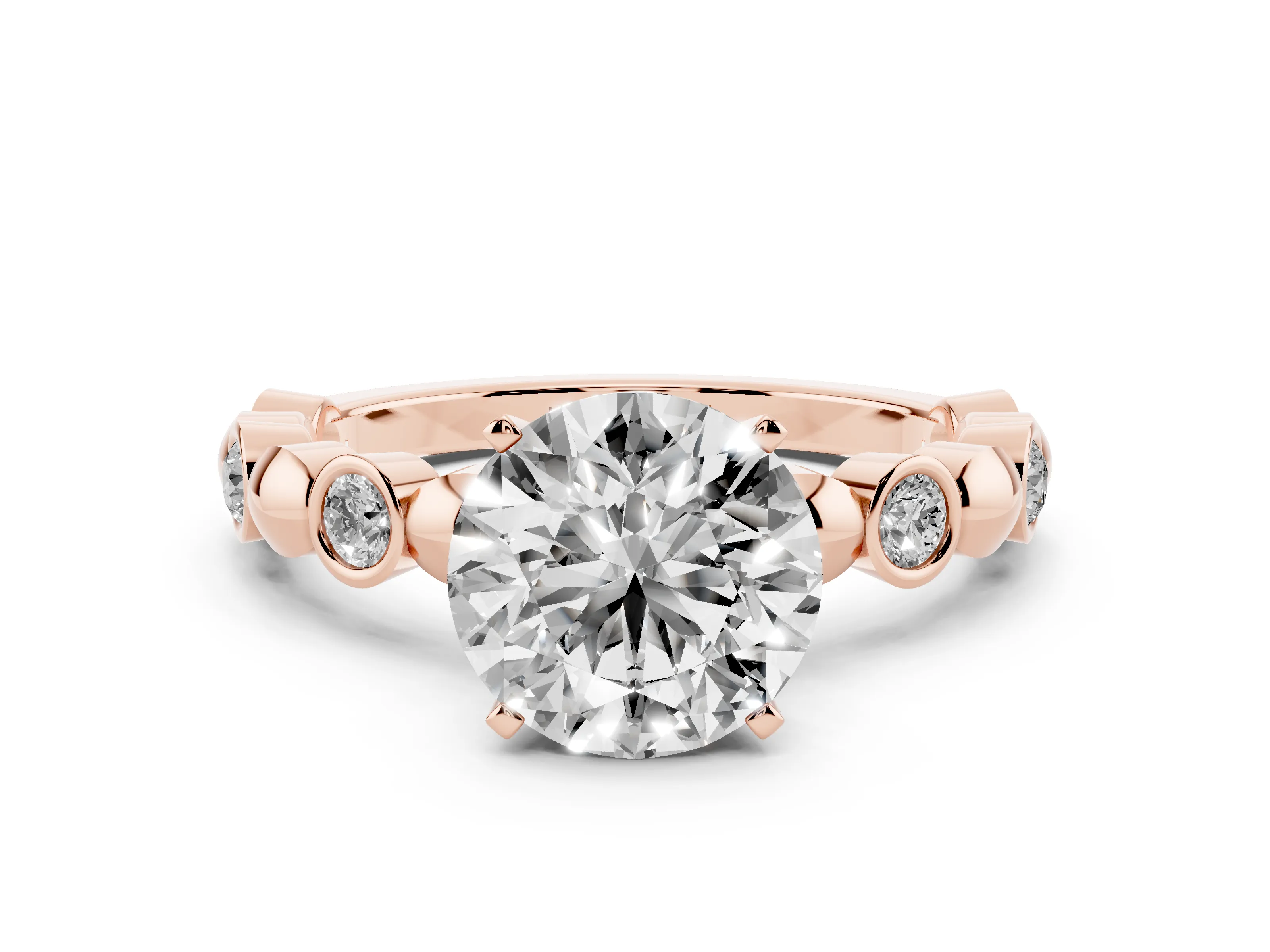 Round Cut Diamond Solitaire Ring Set in Rose gold with Bezel-Set Accents on Beaded Band and Prong Setting
