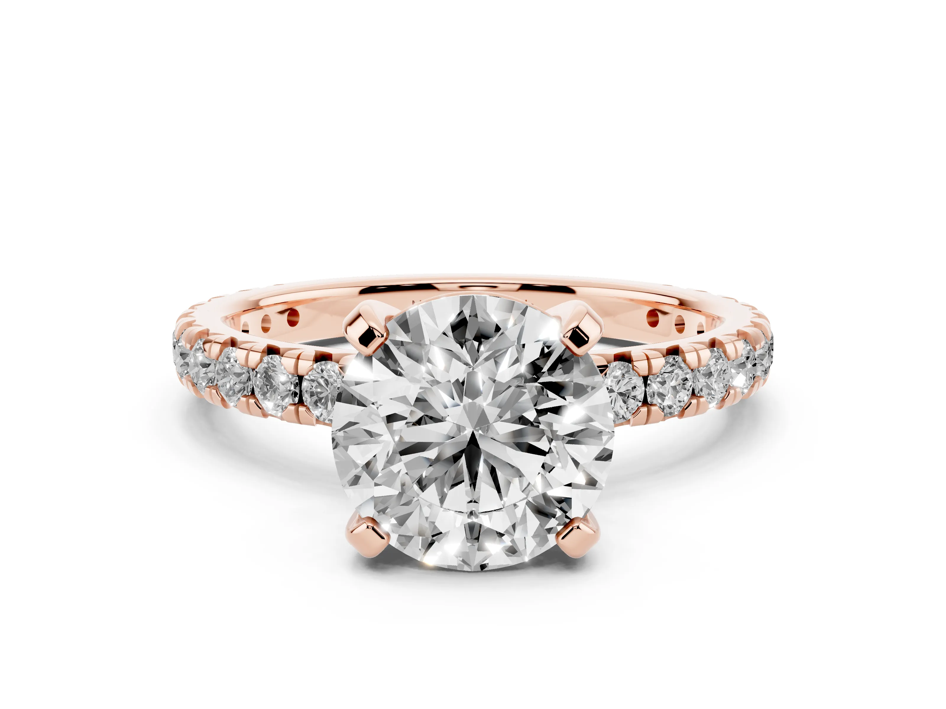 Round Cut Diamond Pavé Solitaire Ring Set in Rose gold with Round Band and Prong Setting
