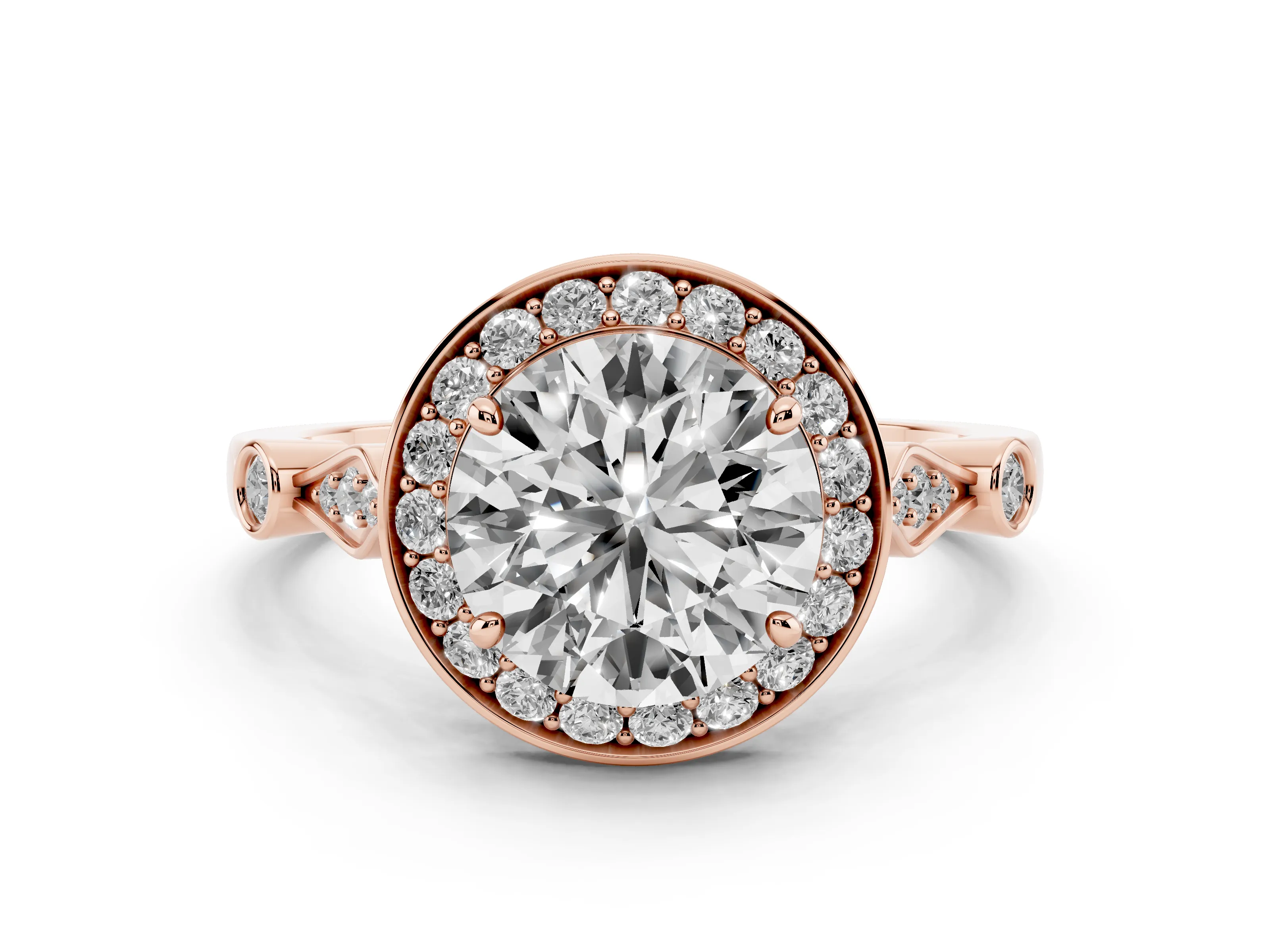 Round Cut Diamond Halo Engagement Ring Set in Rose gold with Twisted Band and Prong Setting