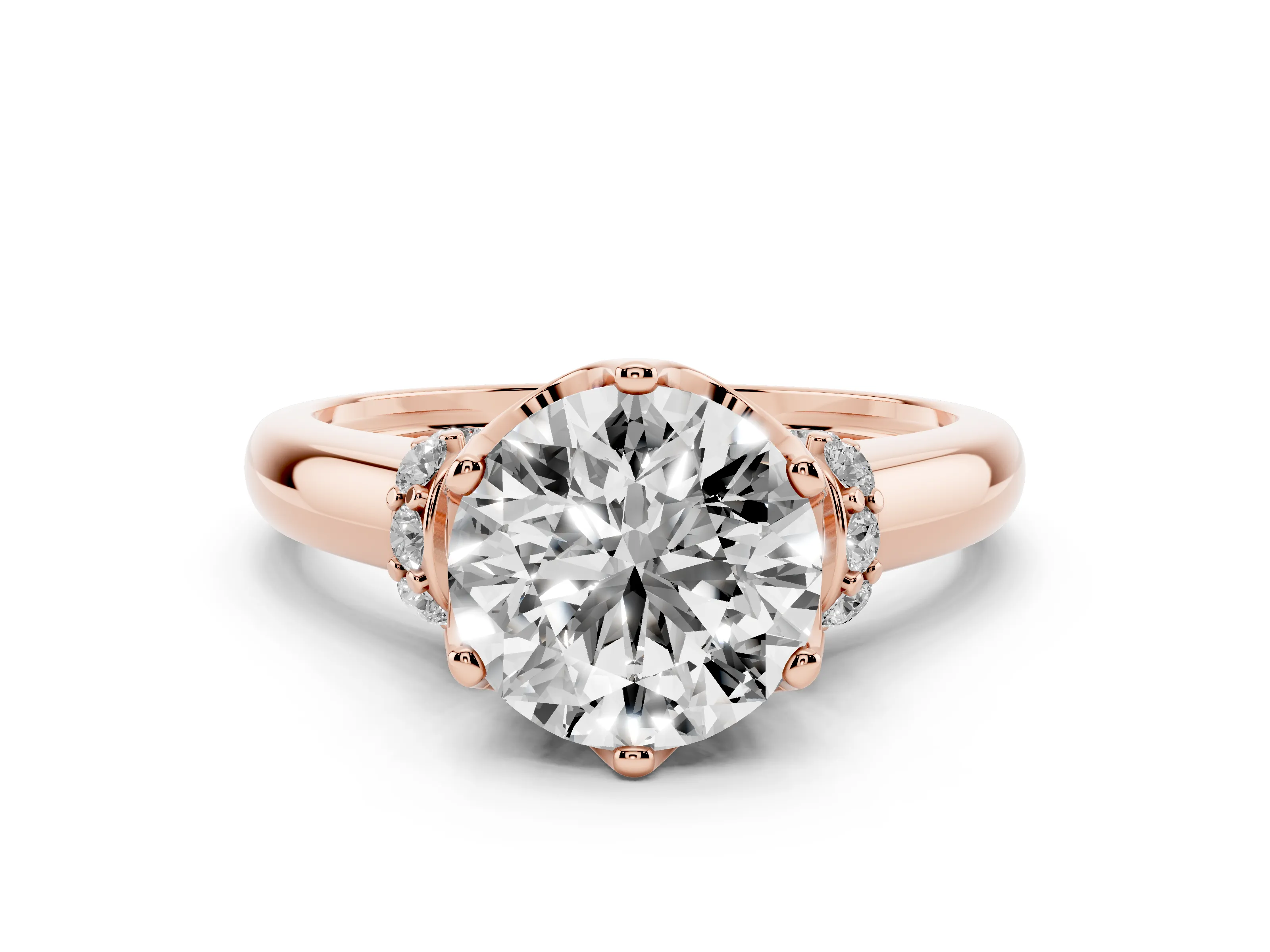 Round Cut Diamond Cathedral Solitaire Engagement Ring Set in Rose gold with Pavé Accents