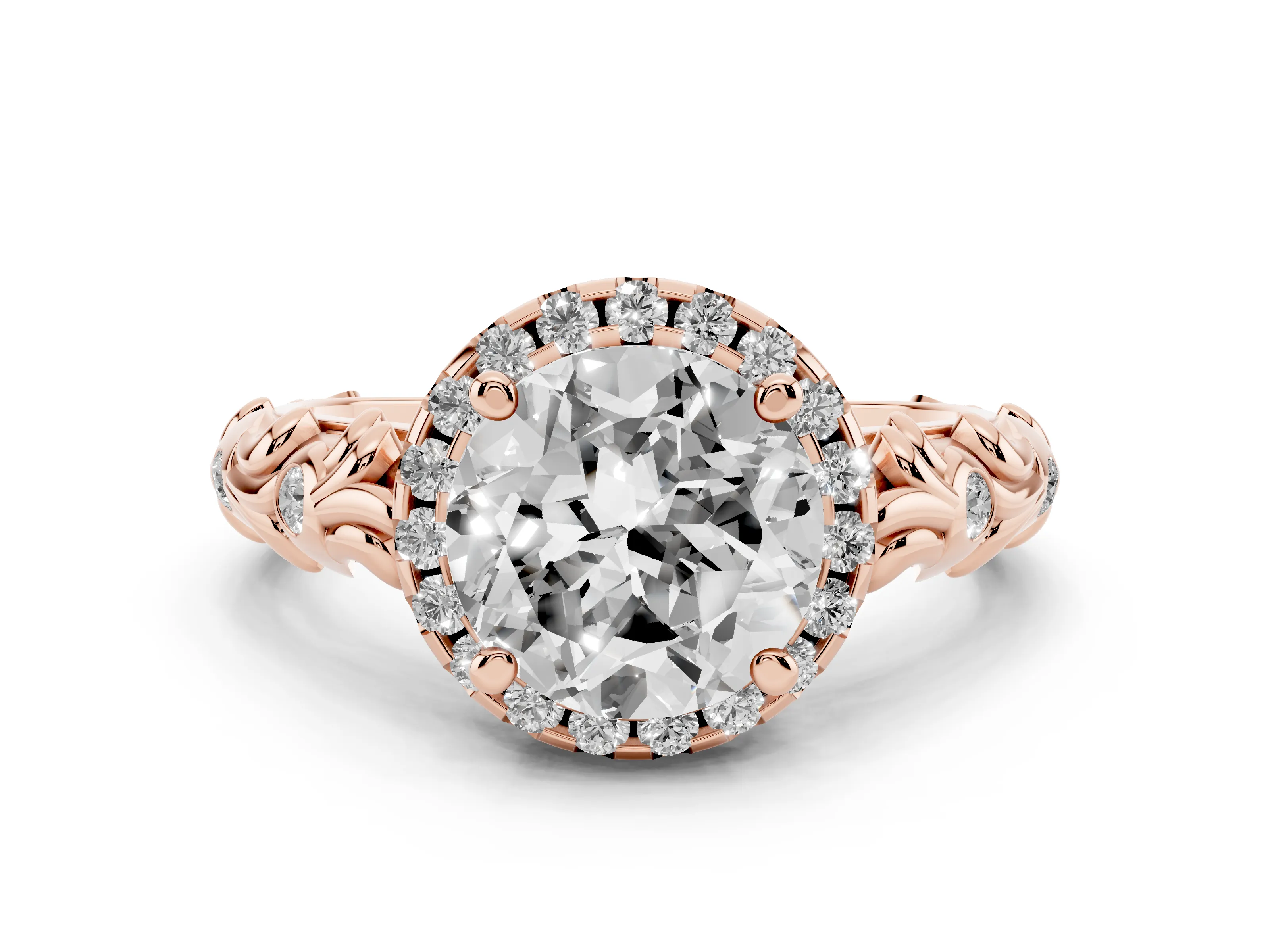 Round Cut Diamond Halo Ring Set in Rose gold with Filigree Leaf Band and Prong Setting