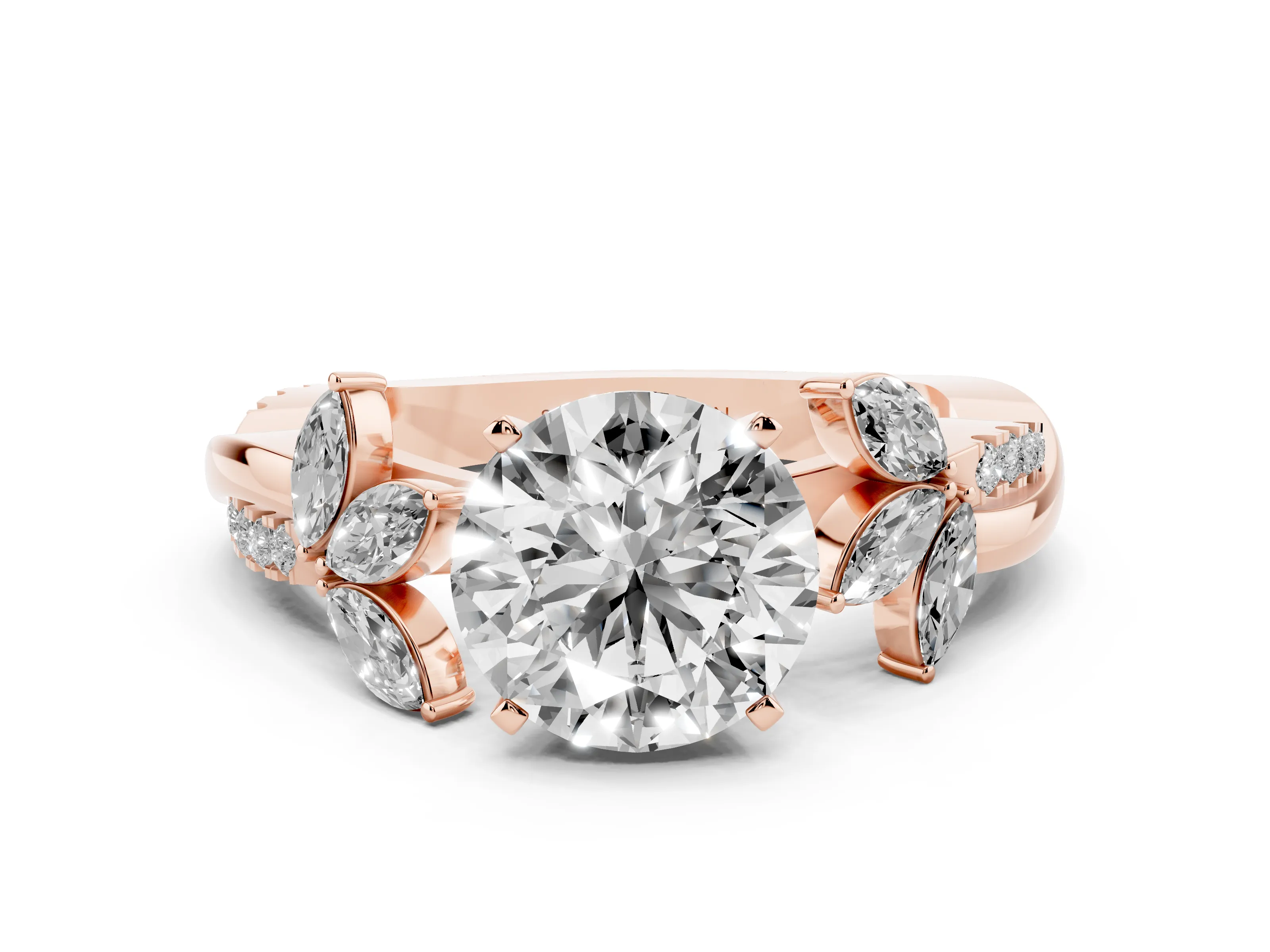 Round Cut Diamond Floral Vine Solitaire Engagement Ring Set in Rose gold with Marquise Leaves
