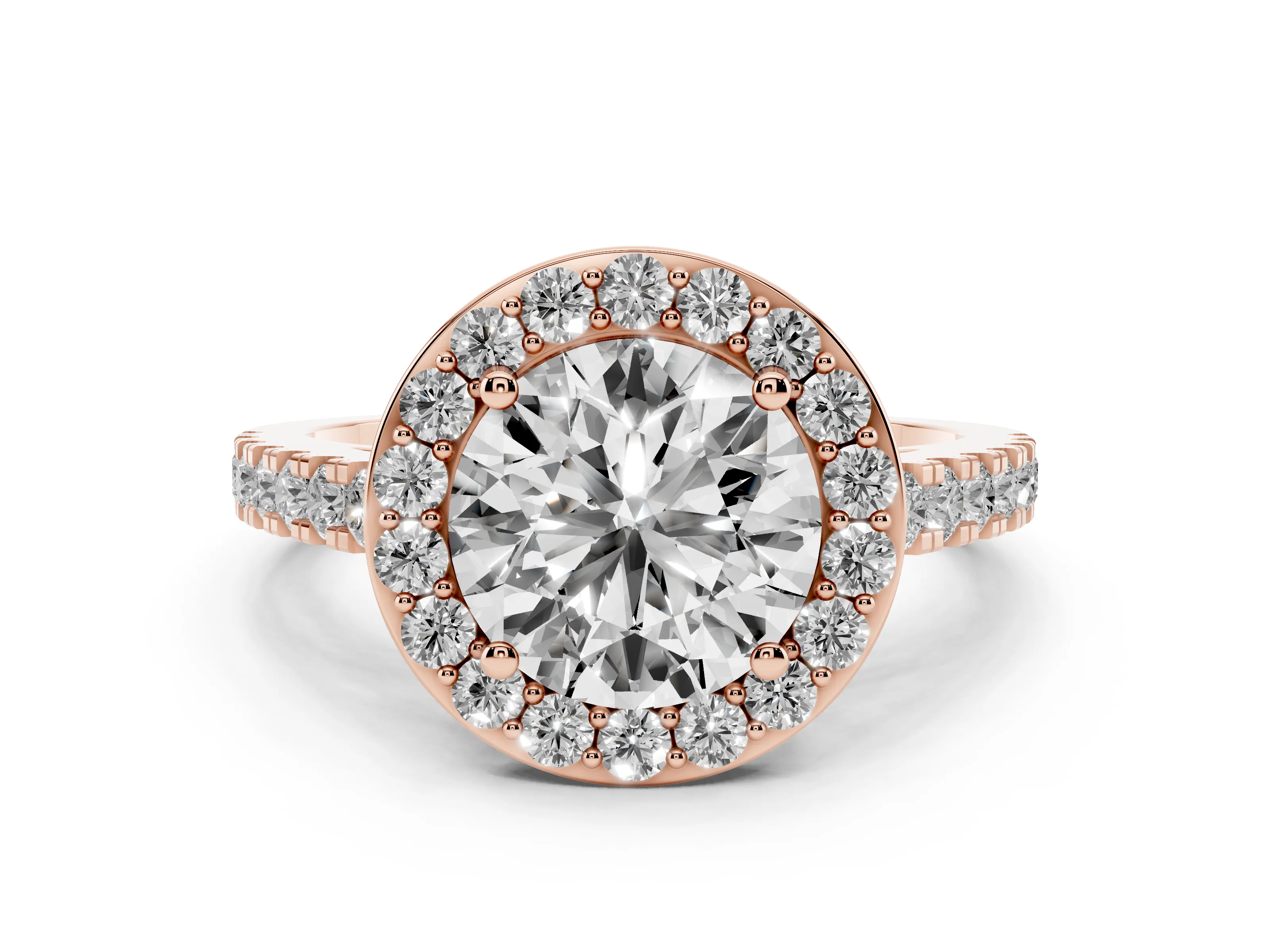 Round Cut Diamond Halo Ring Set in Rose gold with Round Pavé Split Shank and Prong Setting