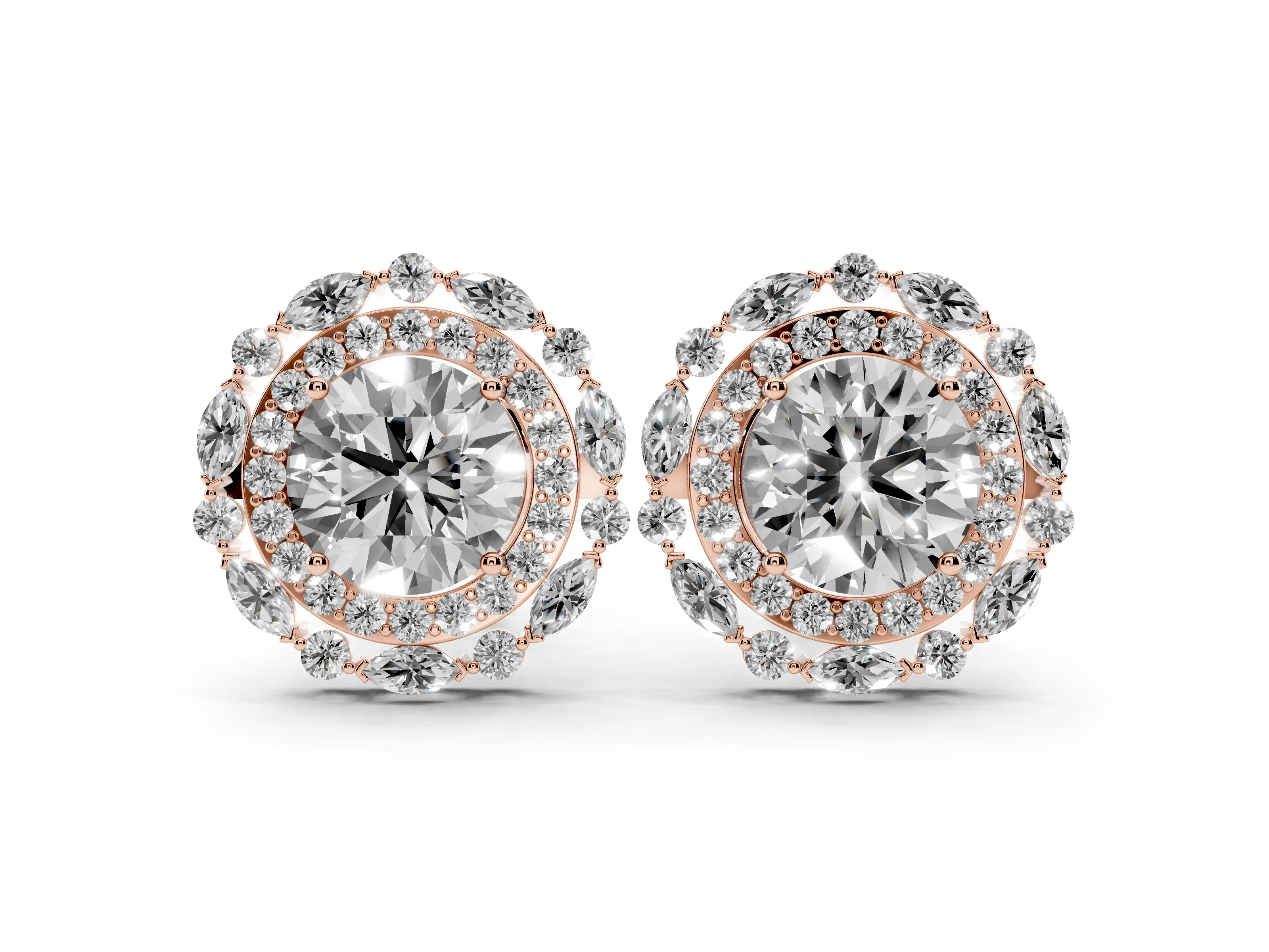 Round Lab-Grown Diamond Double Halo Stud Earrings | Marquise Accents | Rose Gold