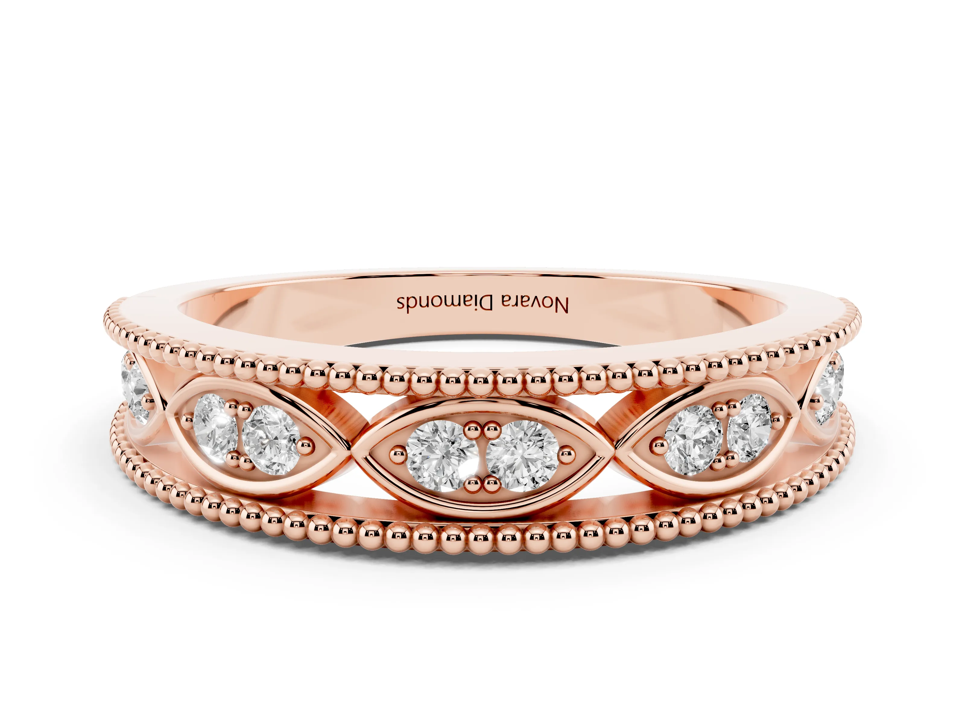 Round Diamond Marquise Shape Band Set in Rose gold with Milgrain Detail and Prong Setting