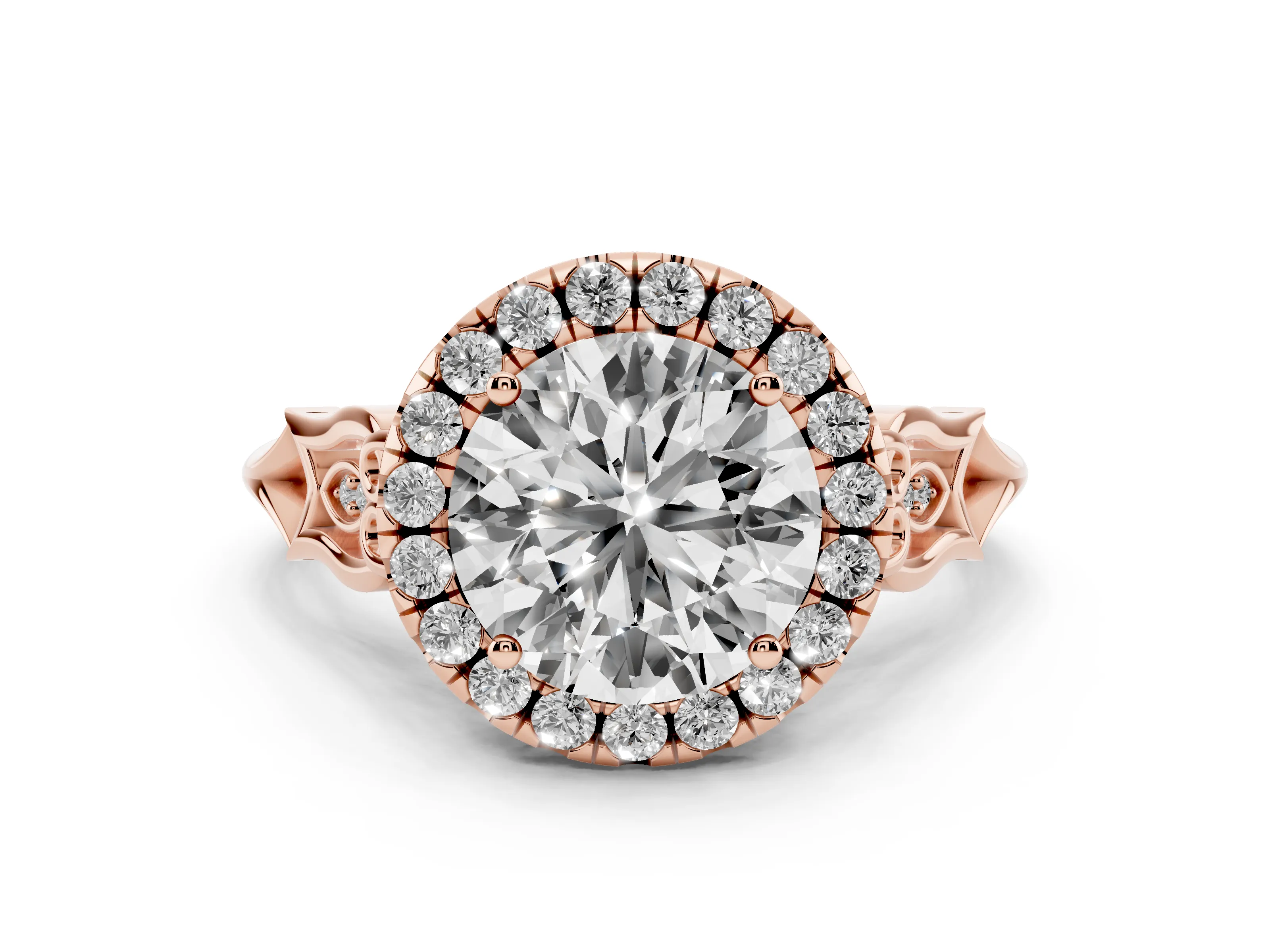 Round Cut Diamond Halo Engagement Ring Set in Rose gold with Filigree Band and Prong-Set Center