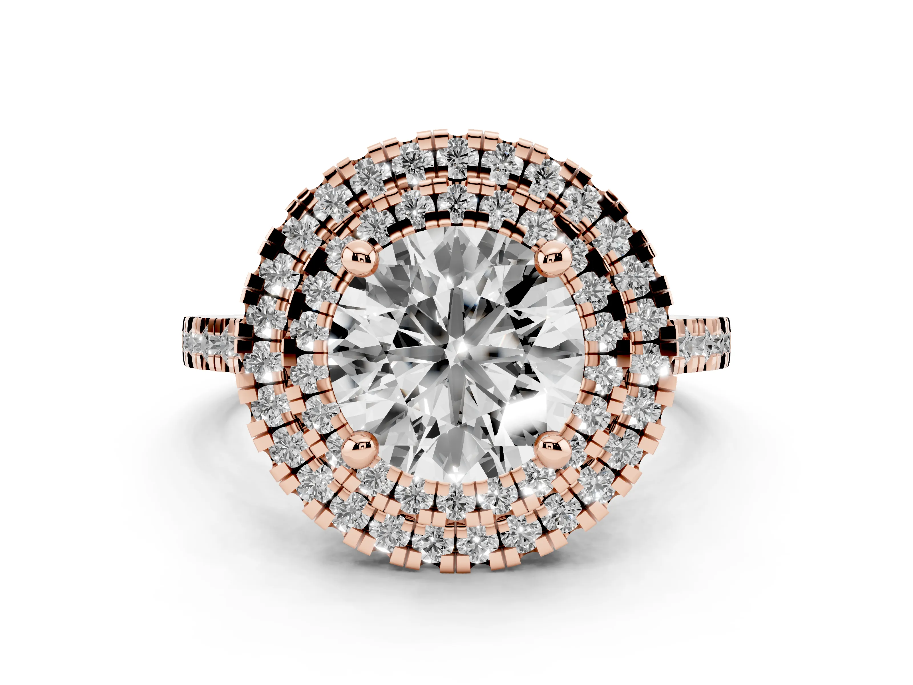 Round Cut Diamond Double Halo Statement Ring Set in Rose gold with Pavé Band