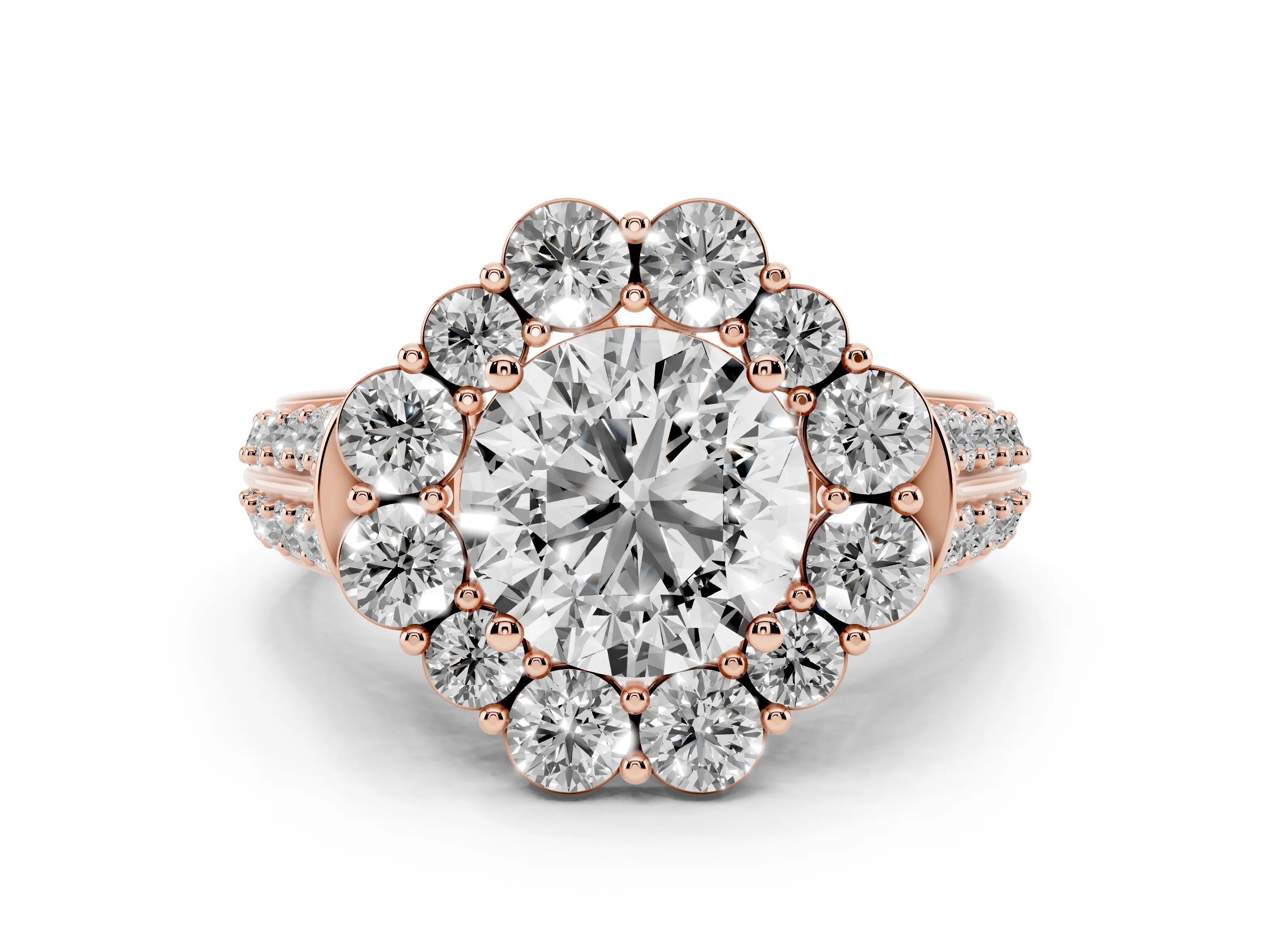 Round Cut Diamond Halo Engagement Ring Set in Rose gold with Split Shank and Prong Setting