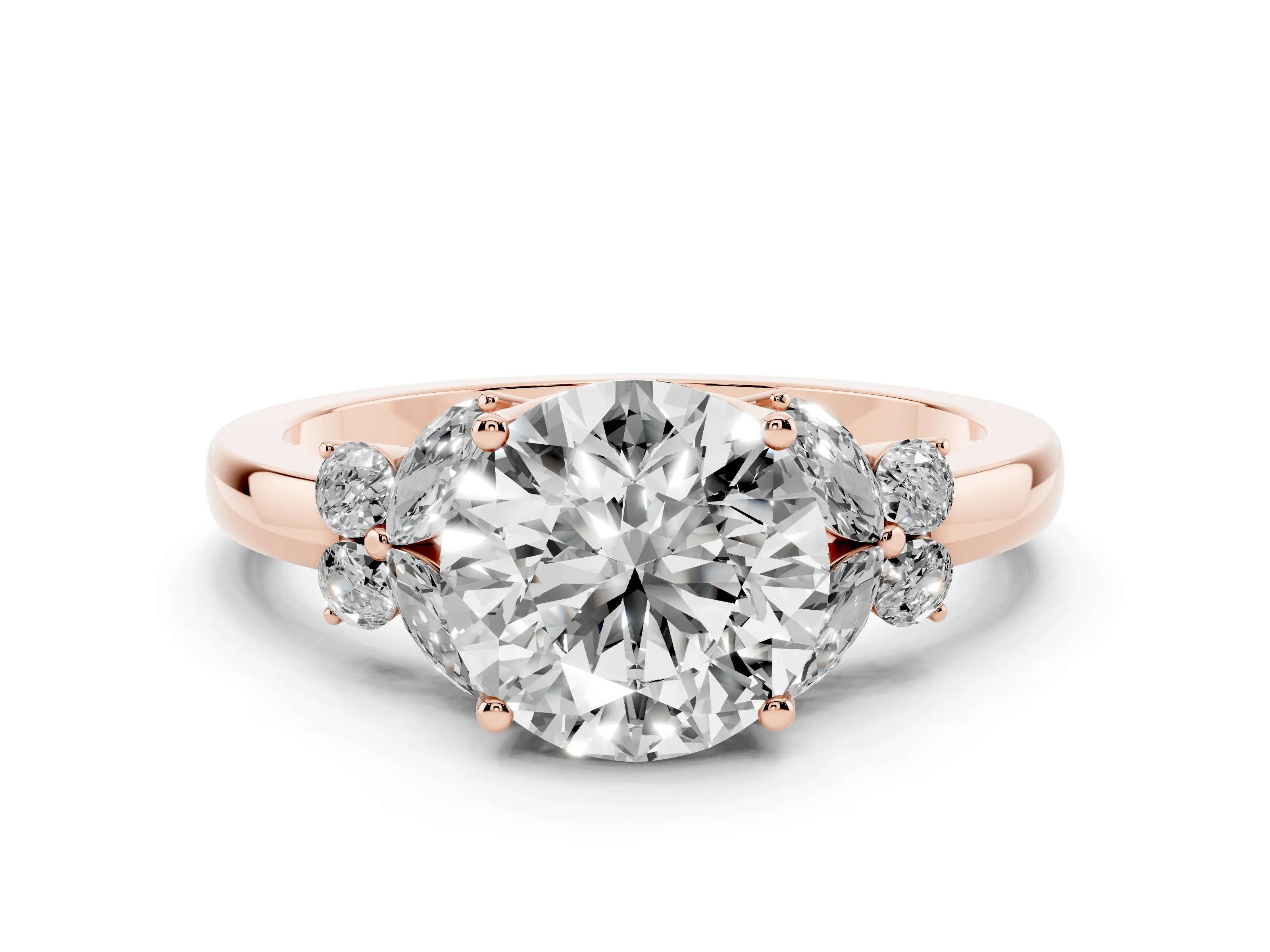 Round Cut Diamond Solitaire Floral Ring Set in Rose gold with Marquise Petals and Prong Setting