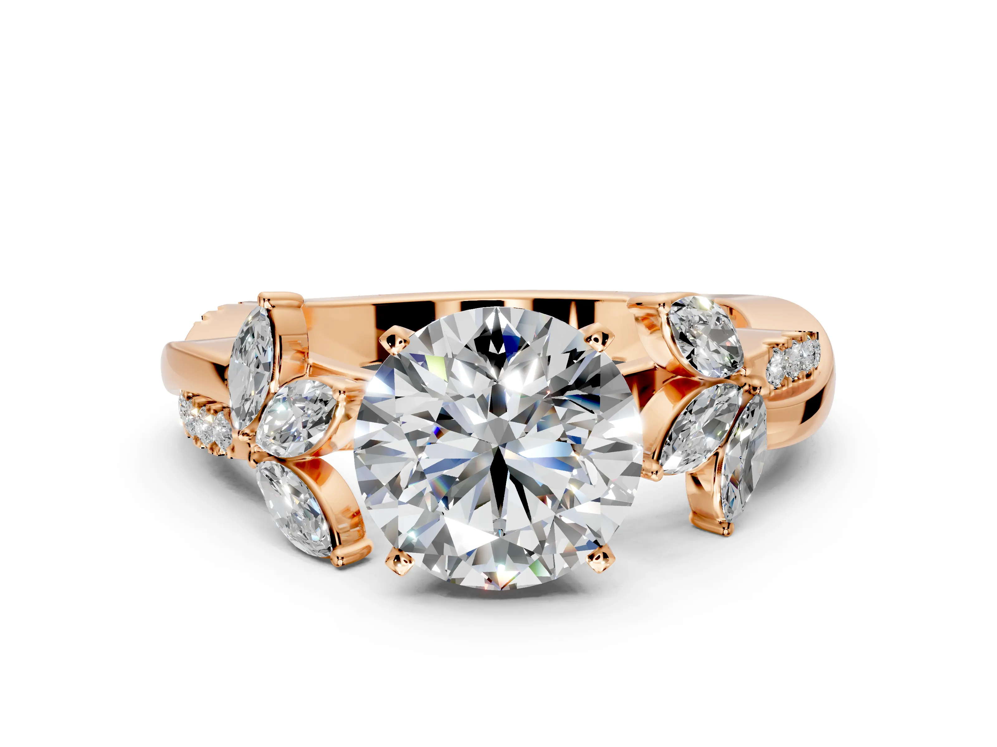 Floral Engagement Ring Setting for Round Cut Center with Trailing Marquise Accents and Prong Head in Rose Gold
