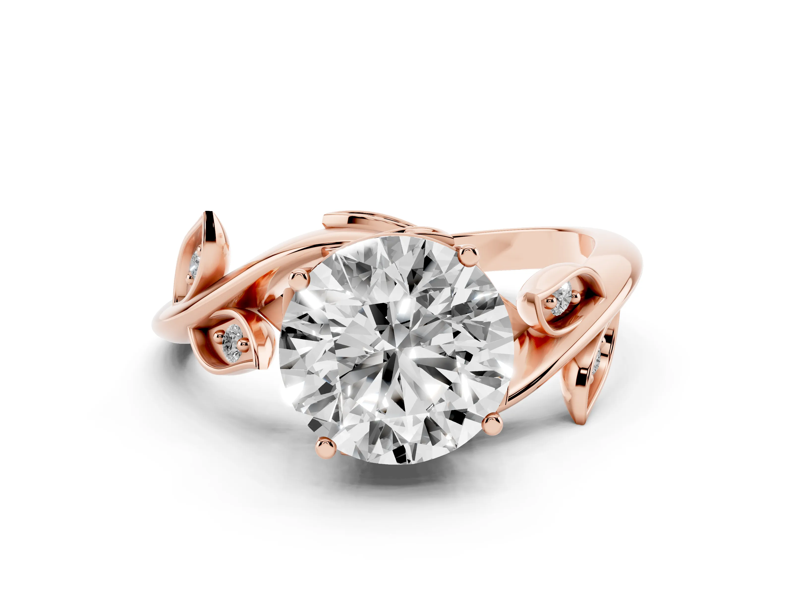 Round Cut Diamond Solitaire Twist Engagement Ring Set in Rose gold with Pavé Leaf Accents