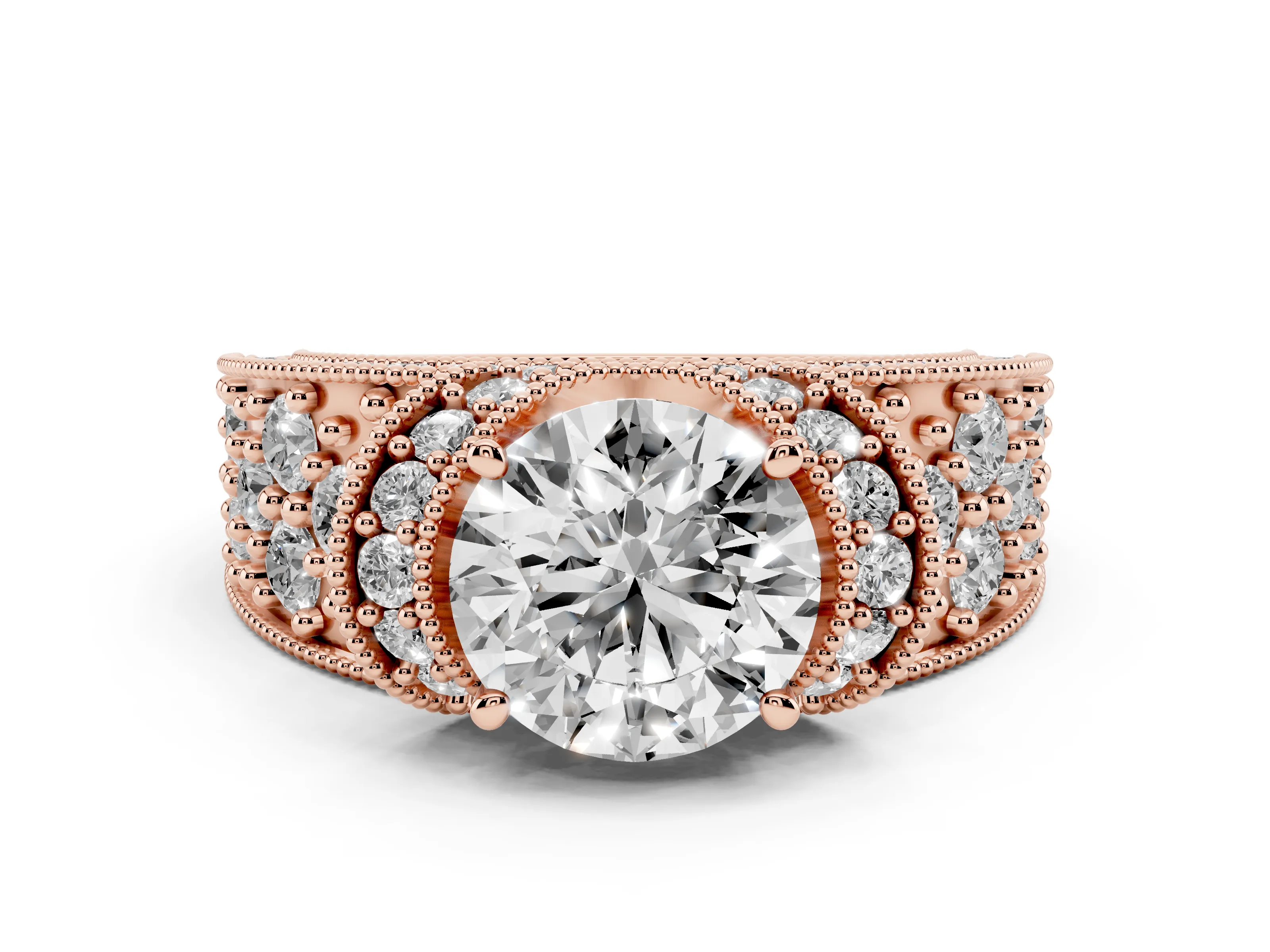Round Cut Diamond Milgrain Halo Pavé Engagement Ring Set in Rose gold with Prong Setting