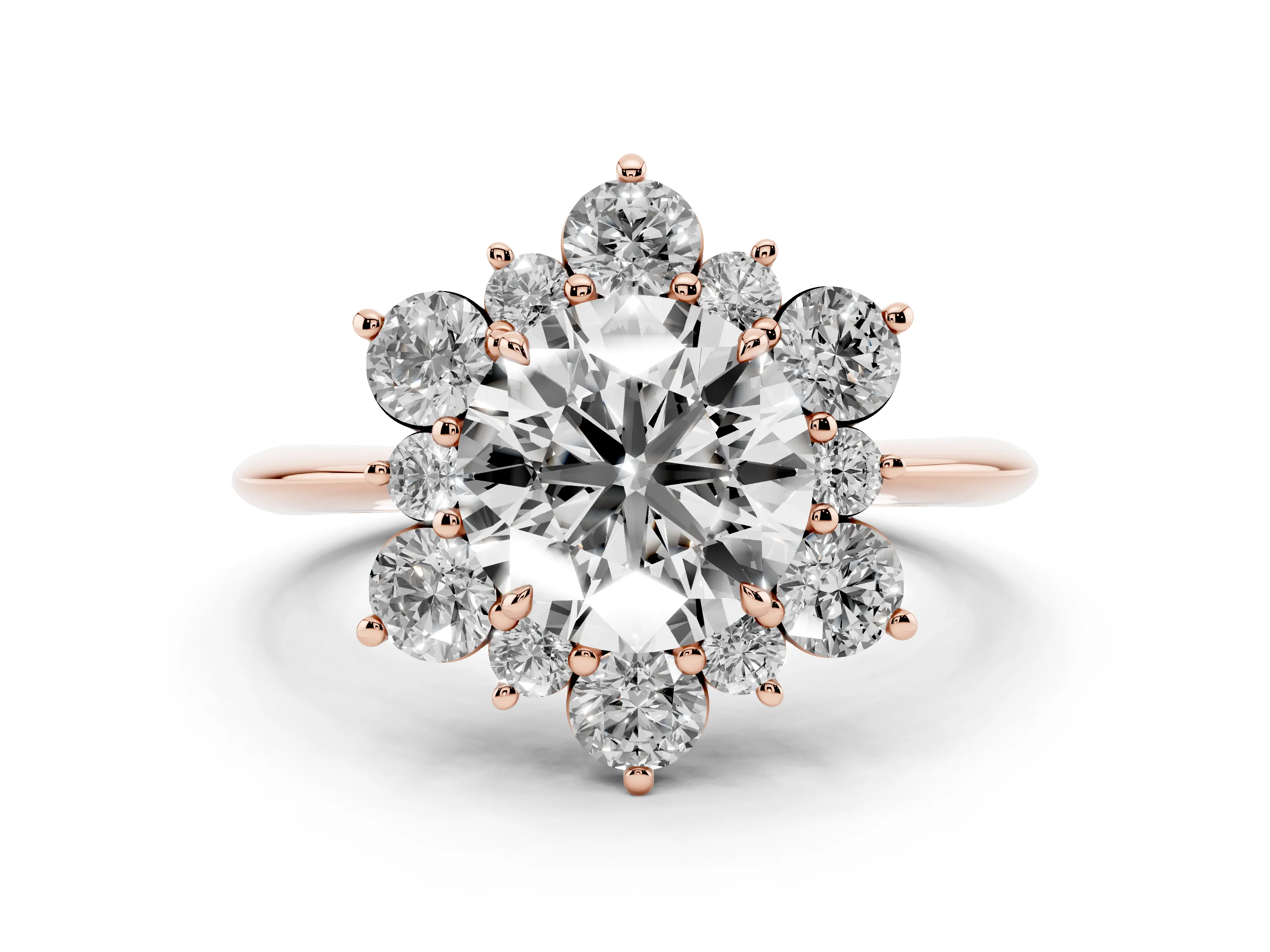 Round Cut Diamond Cluster Halo Ring Set in Rose gold with Solitaire Band and Prong Setting