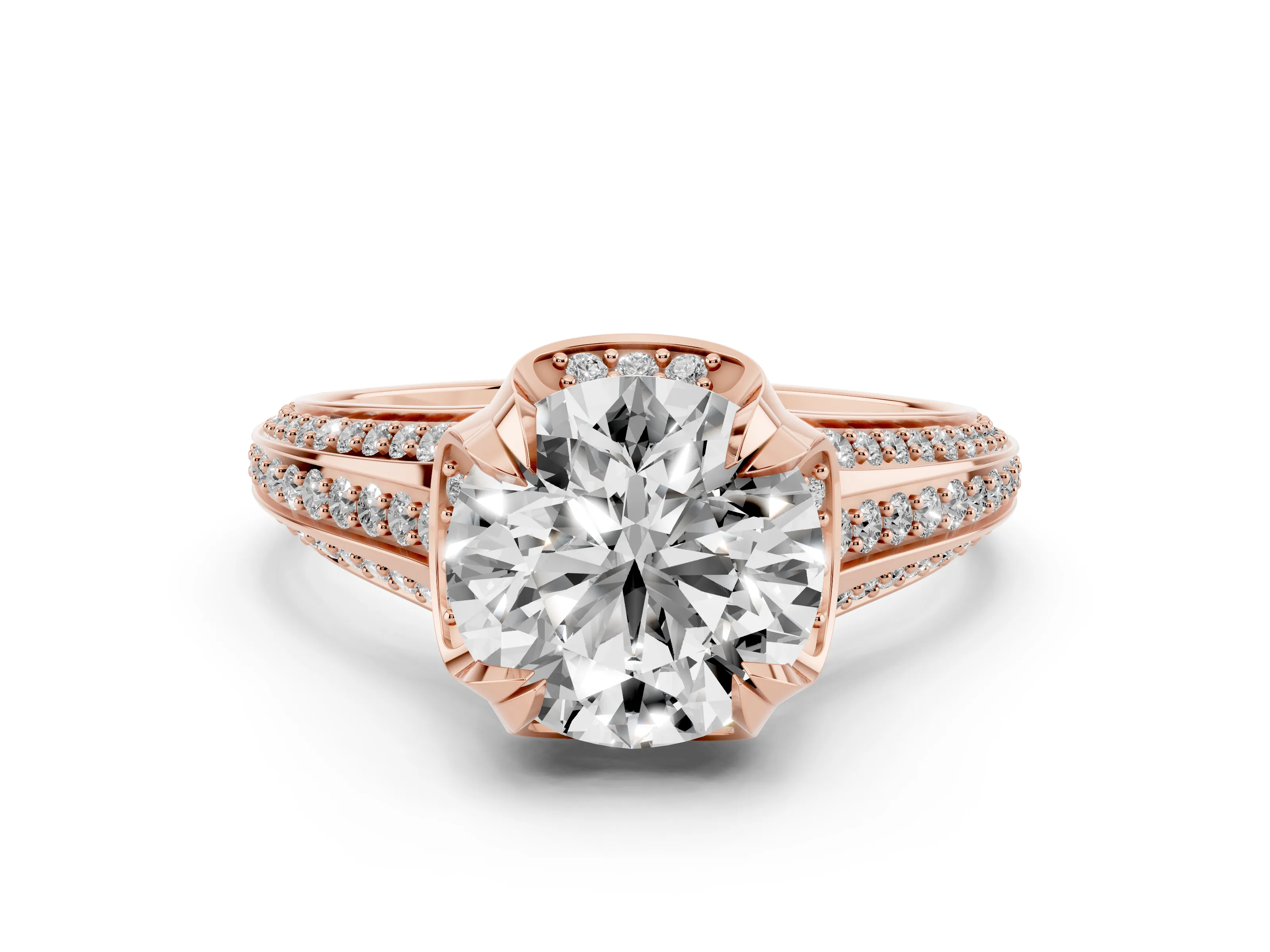 Round Cut Diamond Pavé Split Shank Solitaire Ring Set in Rose gold with Prong Setting