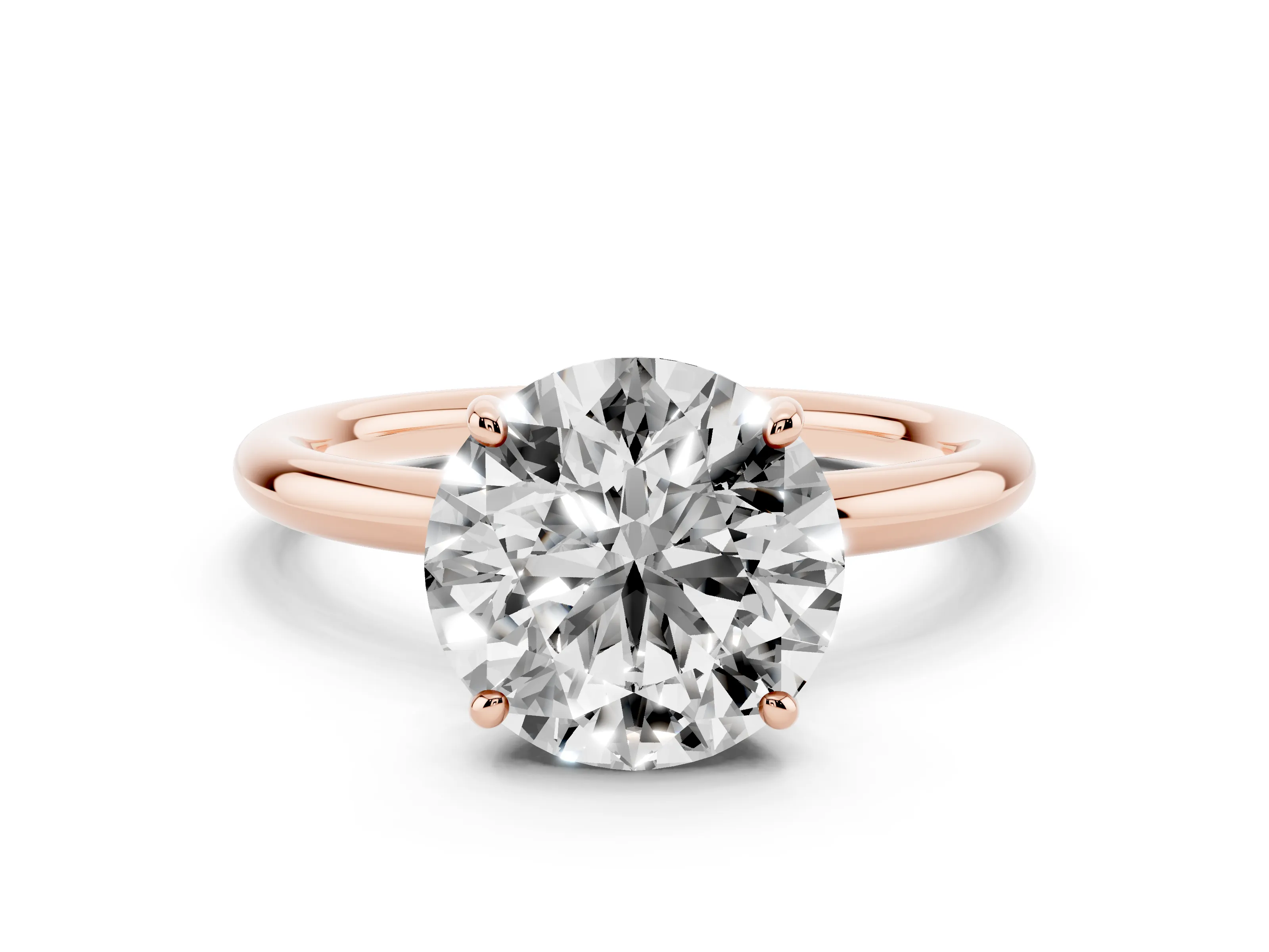 Round Cut Diamond Solitaire Ring Set in Rose gold with Prong Setting on a Polished Plain Band