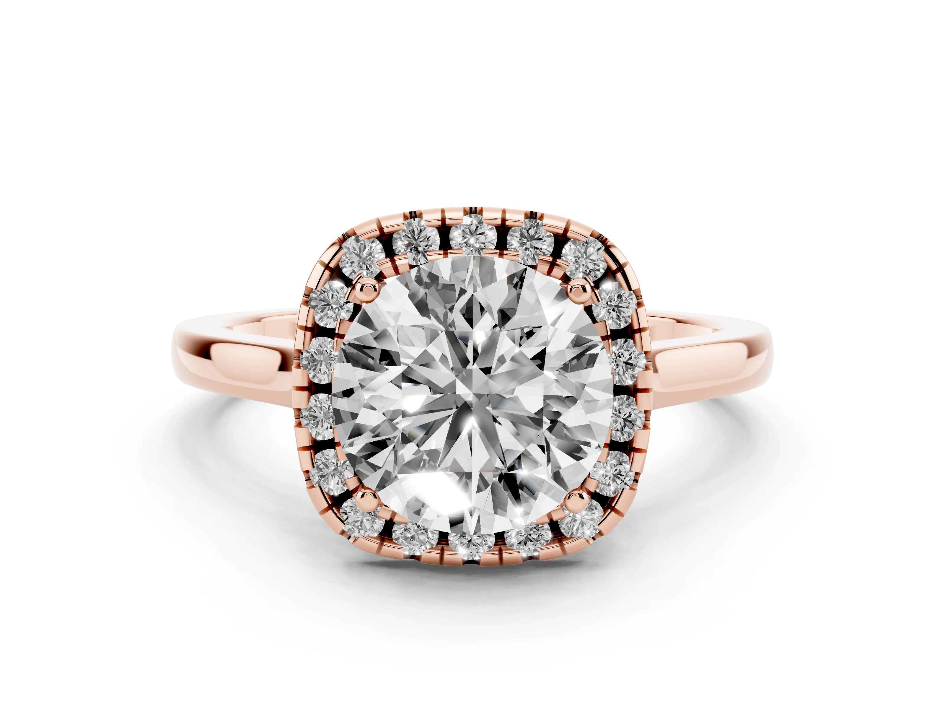 Round Cut Halo Round Diamond Solitaire Ring Set in Rose gold with Pavé Band and Prong Setting