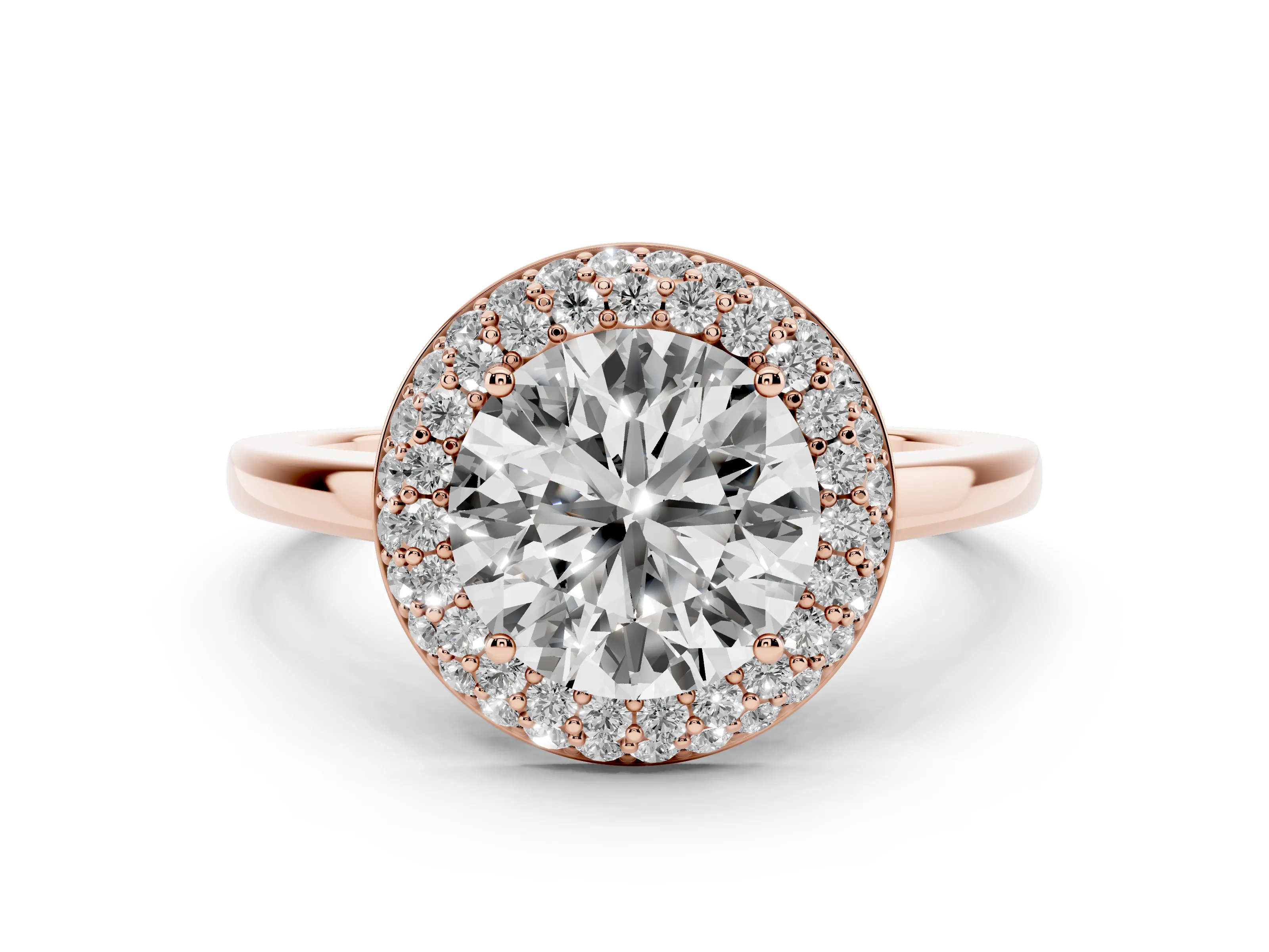 Round Cut Diamond Halo Engagement Ring Set in Rose gold with Solitaire Band and Prong Setting