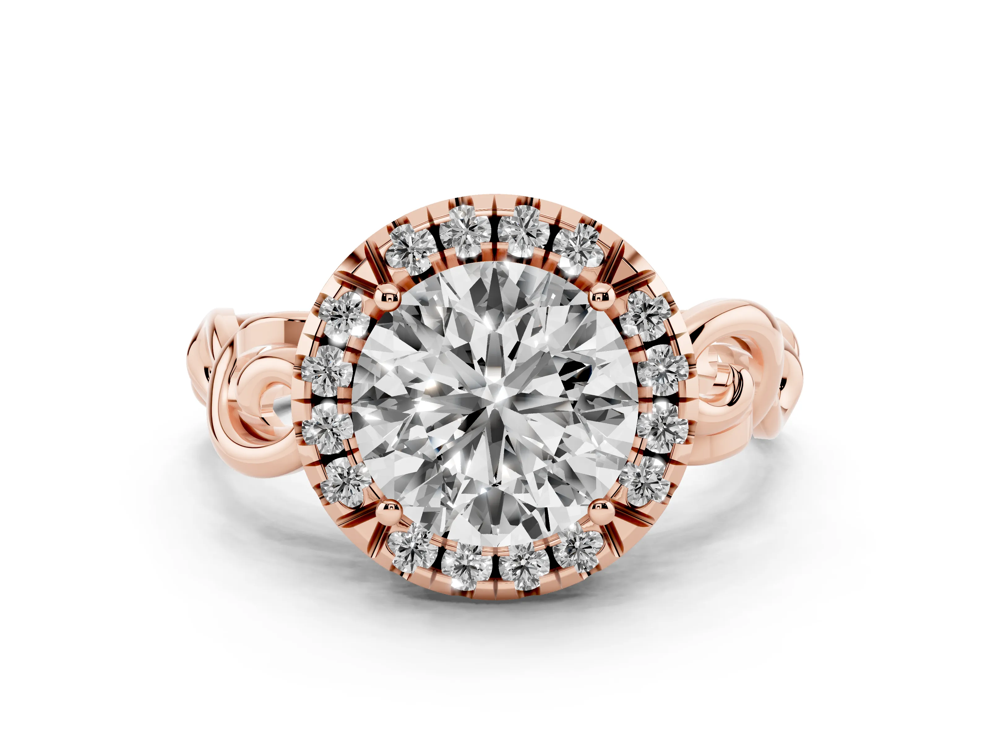 Round Cut Diamond Halo Ring Set in Rose gold with Scrollwork Band and Prong Setting