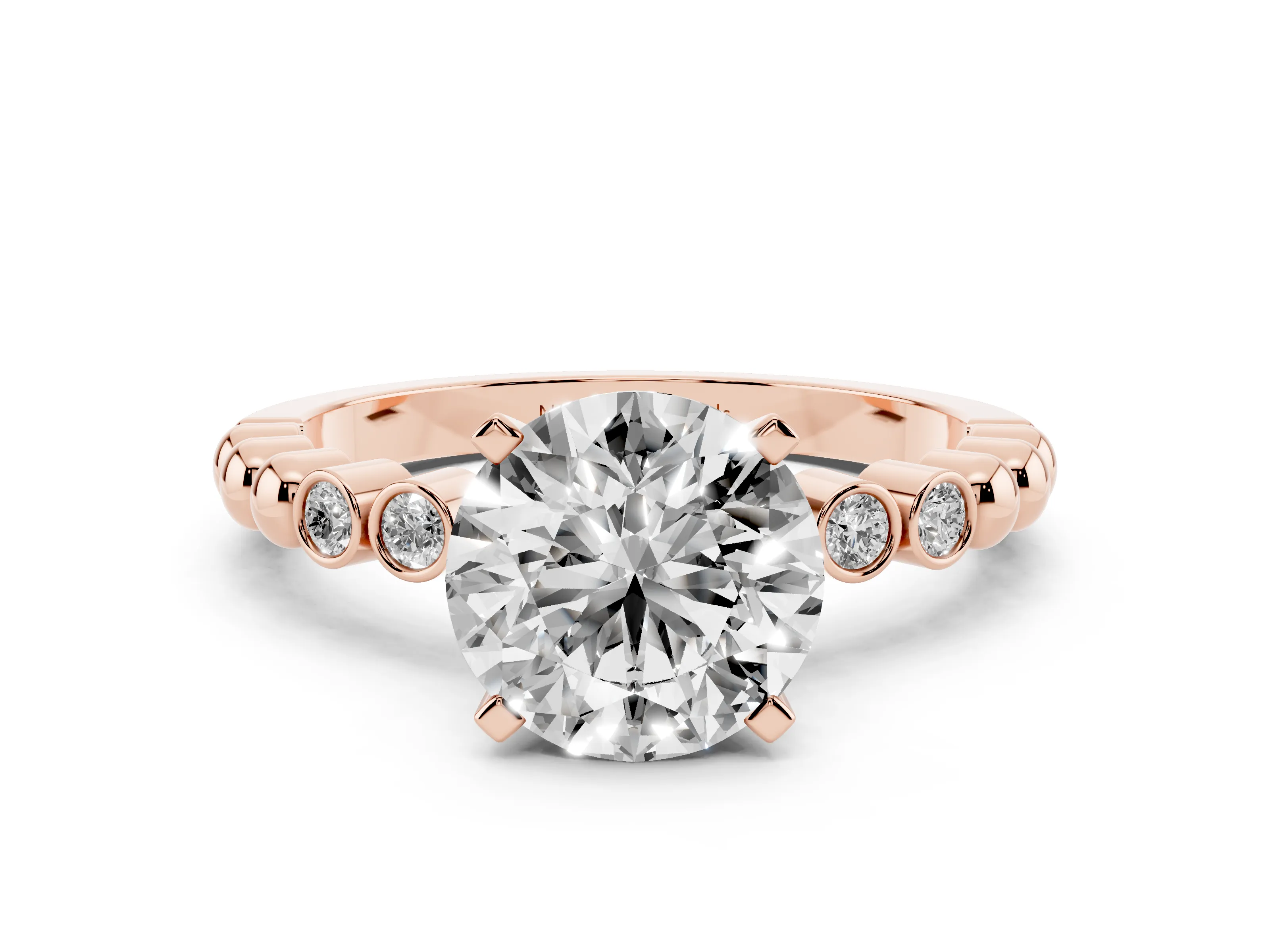 Round Cut Diamond Solitaire Engagement Ring Set in Rose gold with Bezel Accents on Beaded Band
