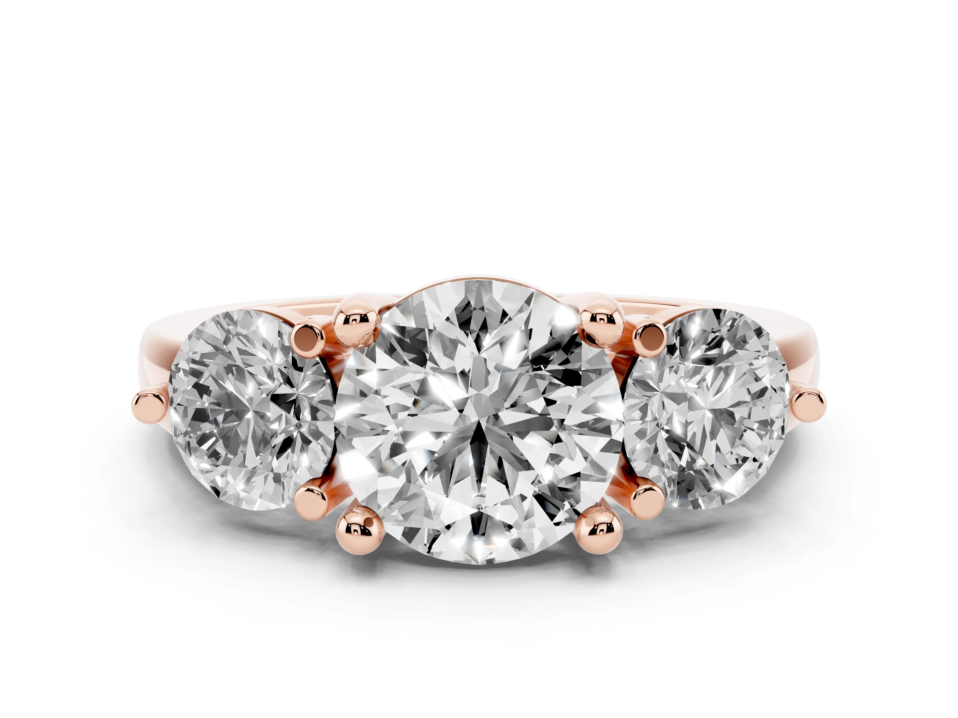 Round Cut Diamond Three-Stone Ring Set in Rose gold with Prong Setting and Classic Band