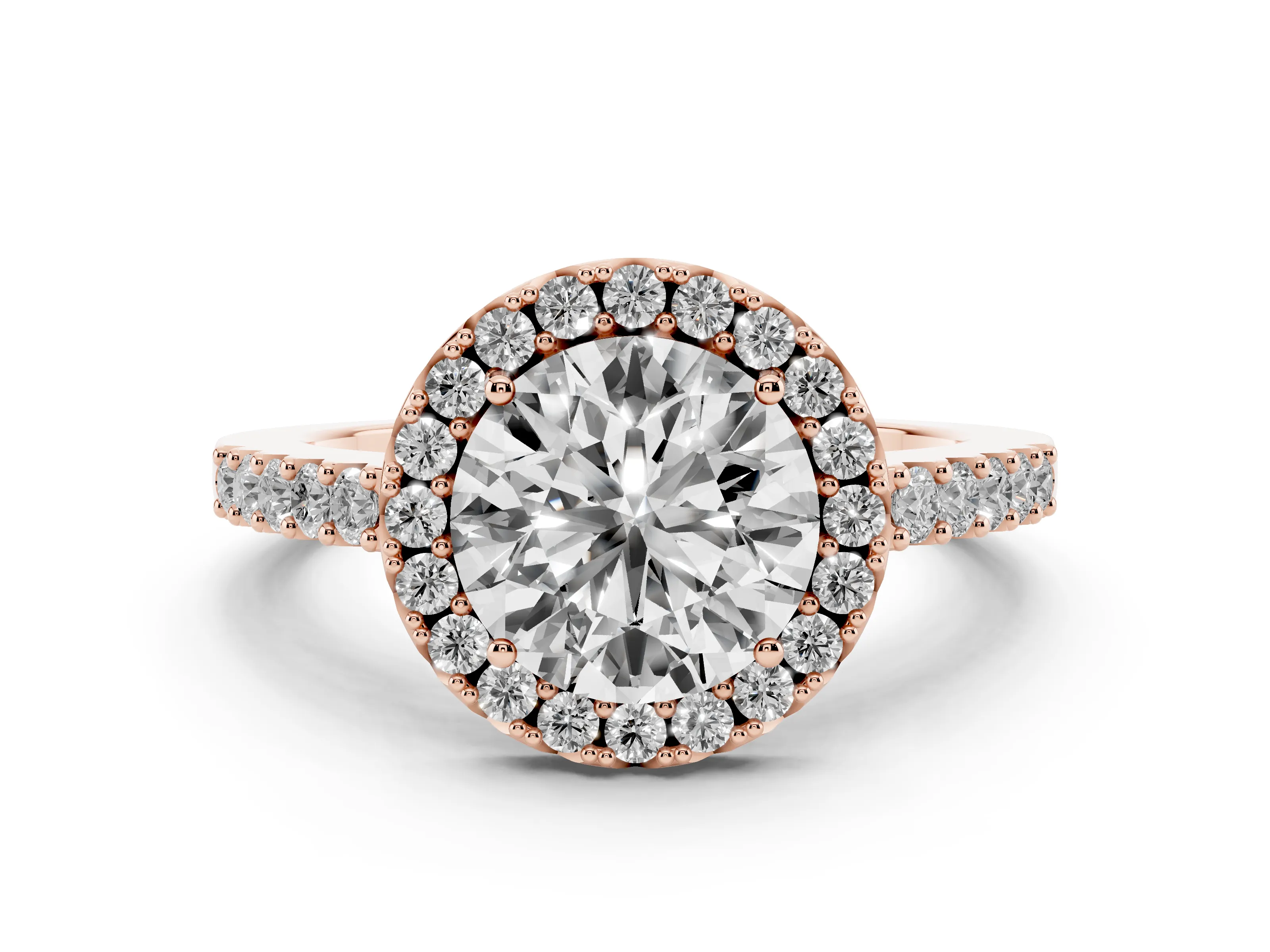 Round Cut Diamond Halo Pavé Solitaire Ring Set in Rose gold with Prong-Set Center Stone