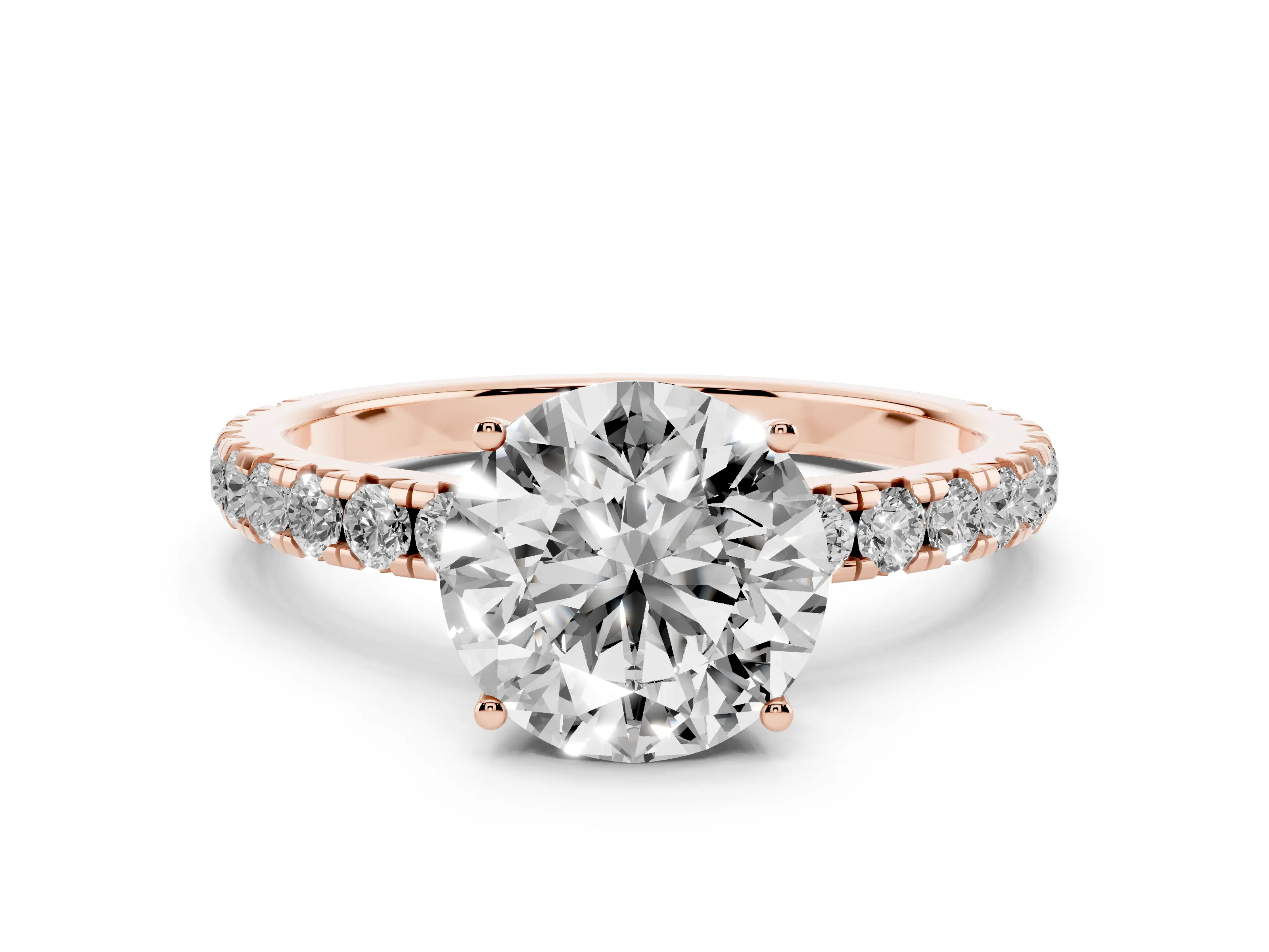 Round Cut Diamond Pavé Solitaire Engagement Ring Set in Rose gold with Prong Setting