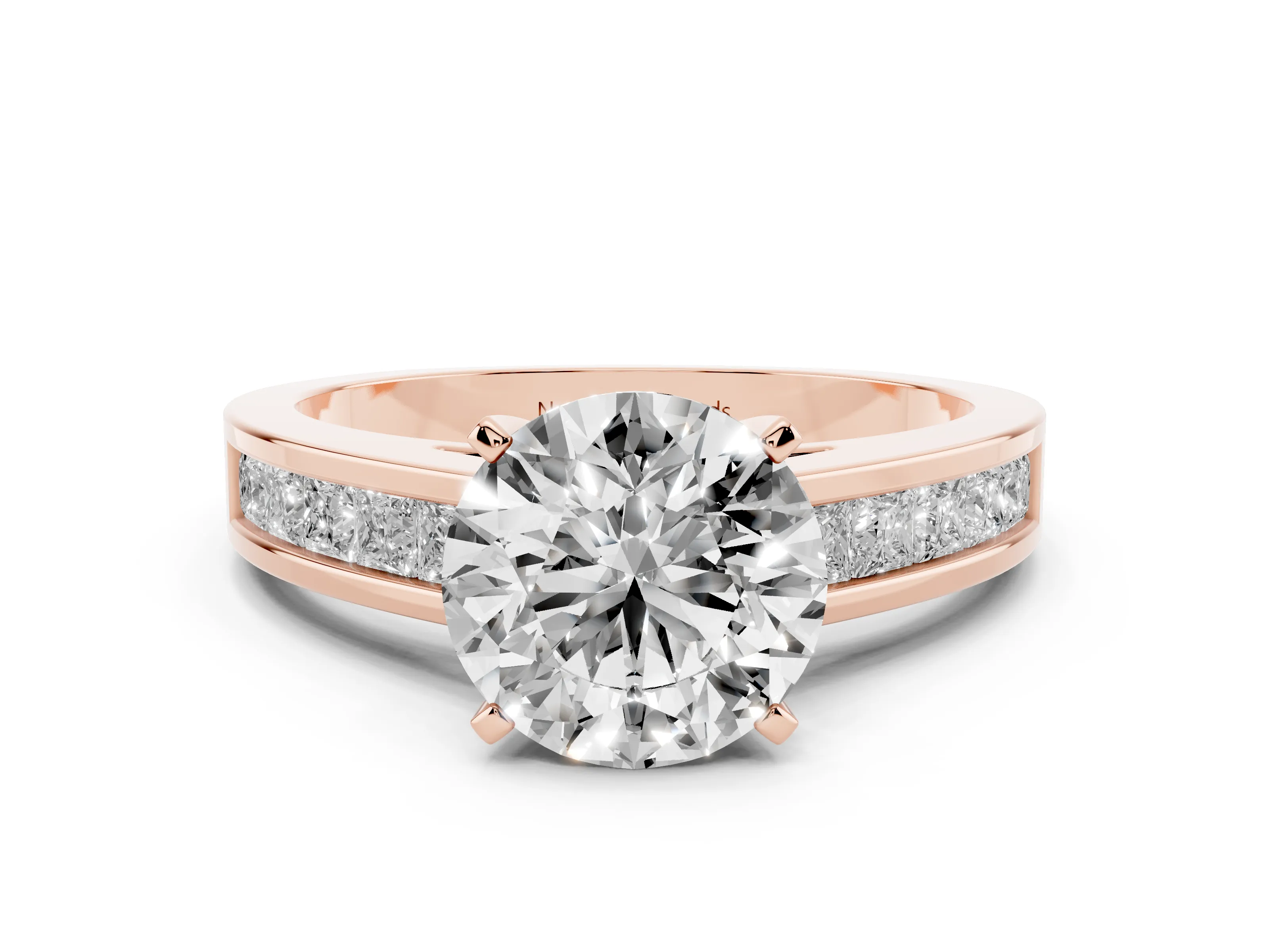Round Cut Diamond Solitaire Ring Set in Rose gold with Channel-Set Band and Prong Setting