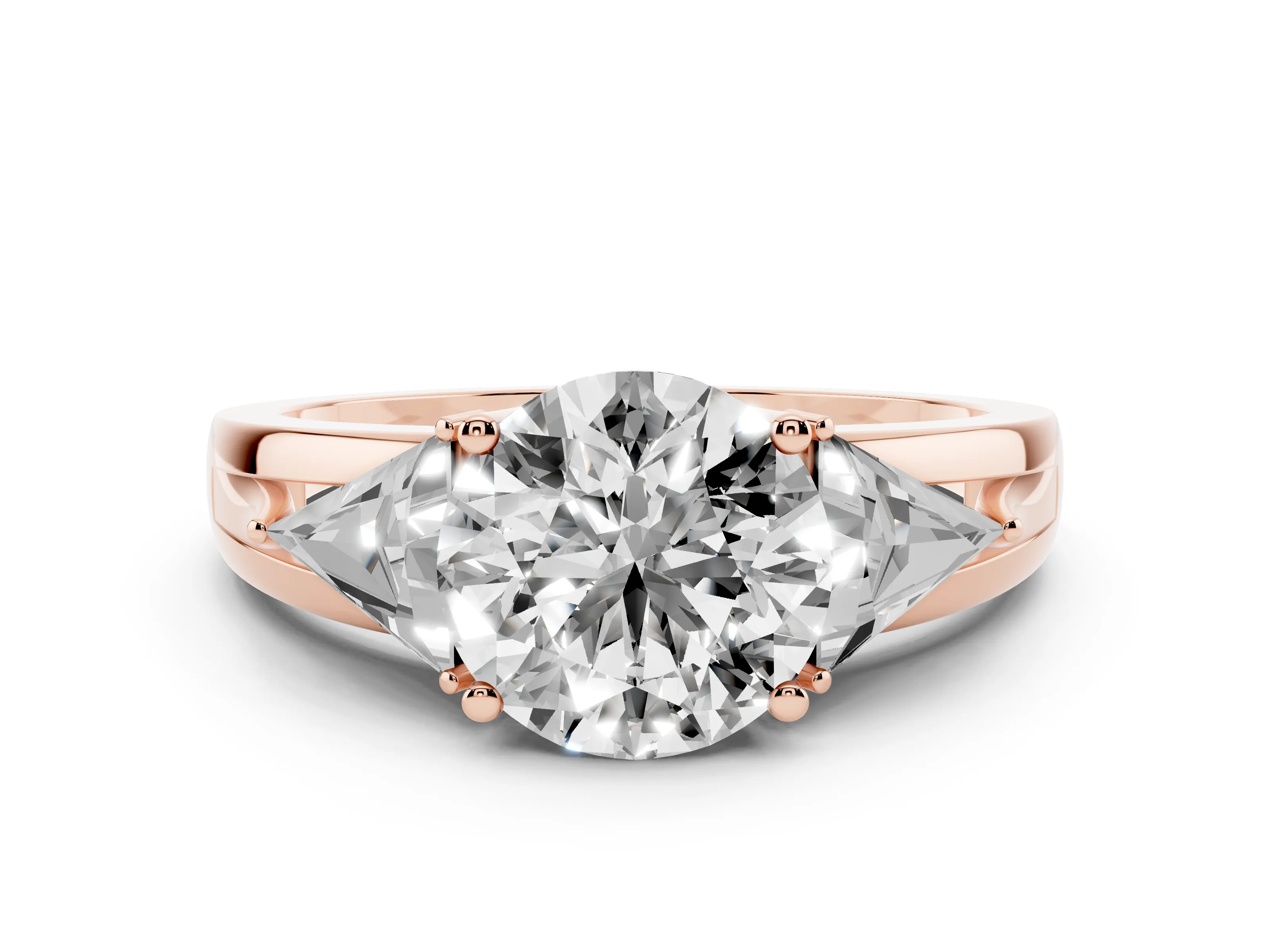 Round Cut Diamond Three-Stone Ring Set in Rose gold with Trillion Side Stones and Split Shank