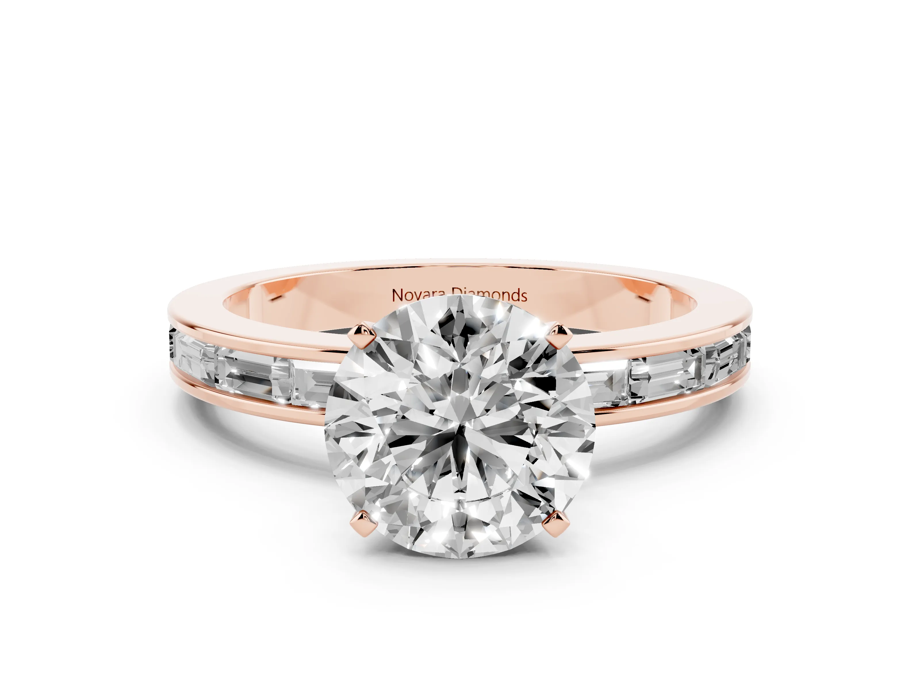 Round Cut Diamond Solitaire Ring Set in Rose gold with Channel-Set Baguette Band and Prong Setting