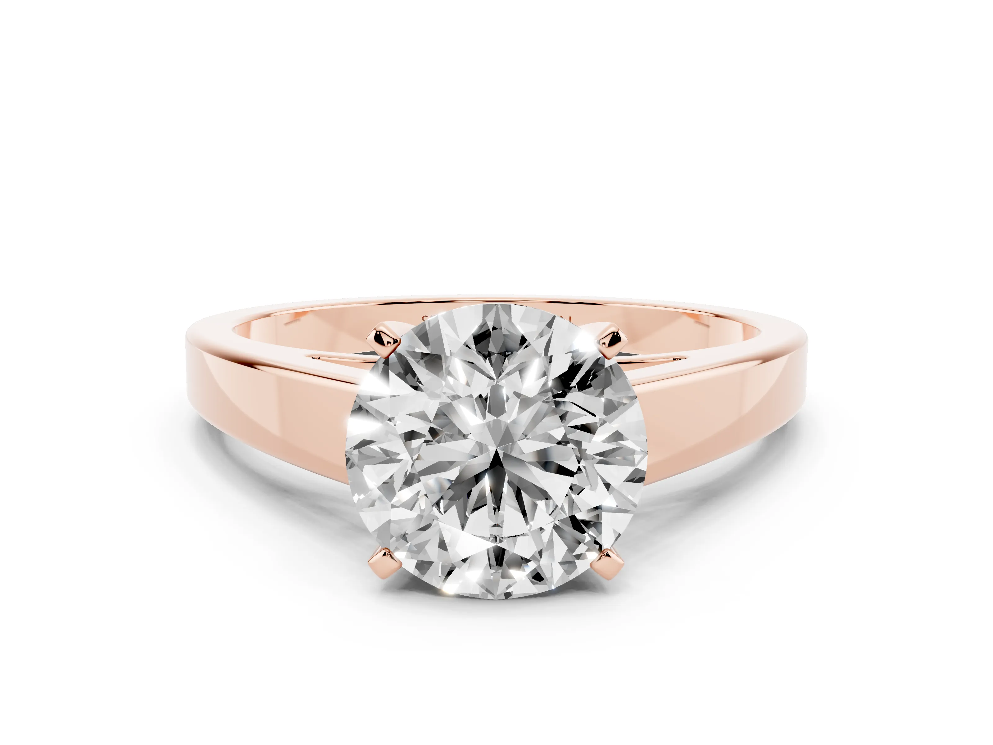 Round Cut Diamond Solitaire Engagement Ring Set in Rose gold with Prong Setting and Tapered Band