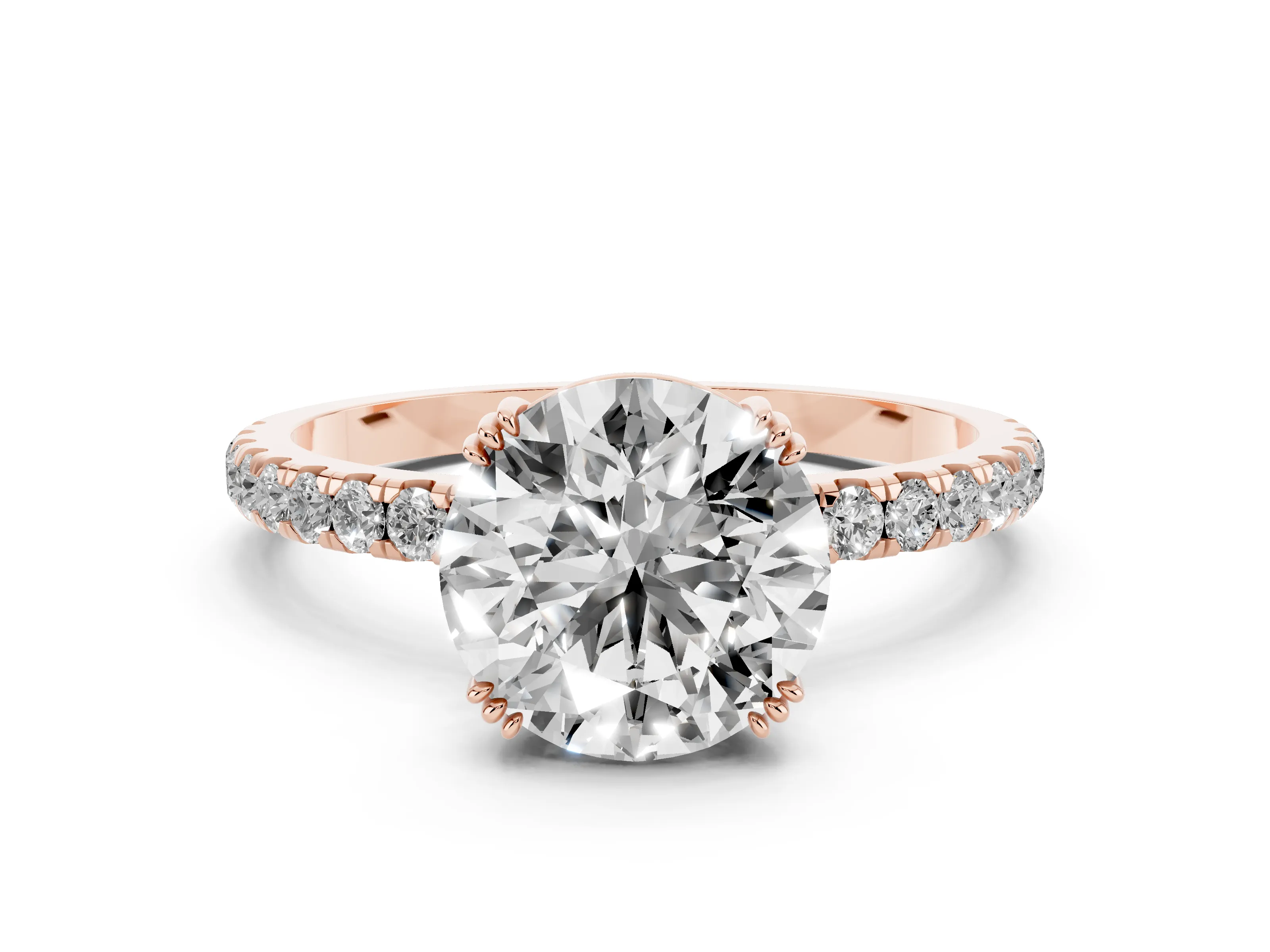 Round Cut Diamond Brilliant Solitaire Set in Rose gold with Pavé Band and Claw Prong Setting