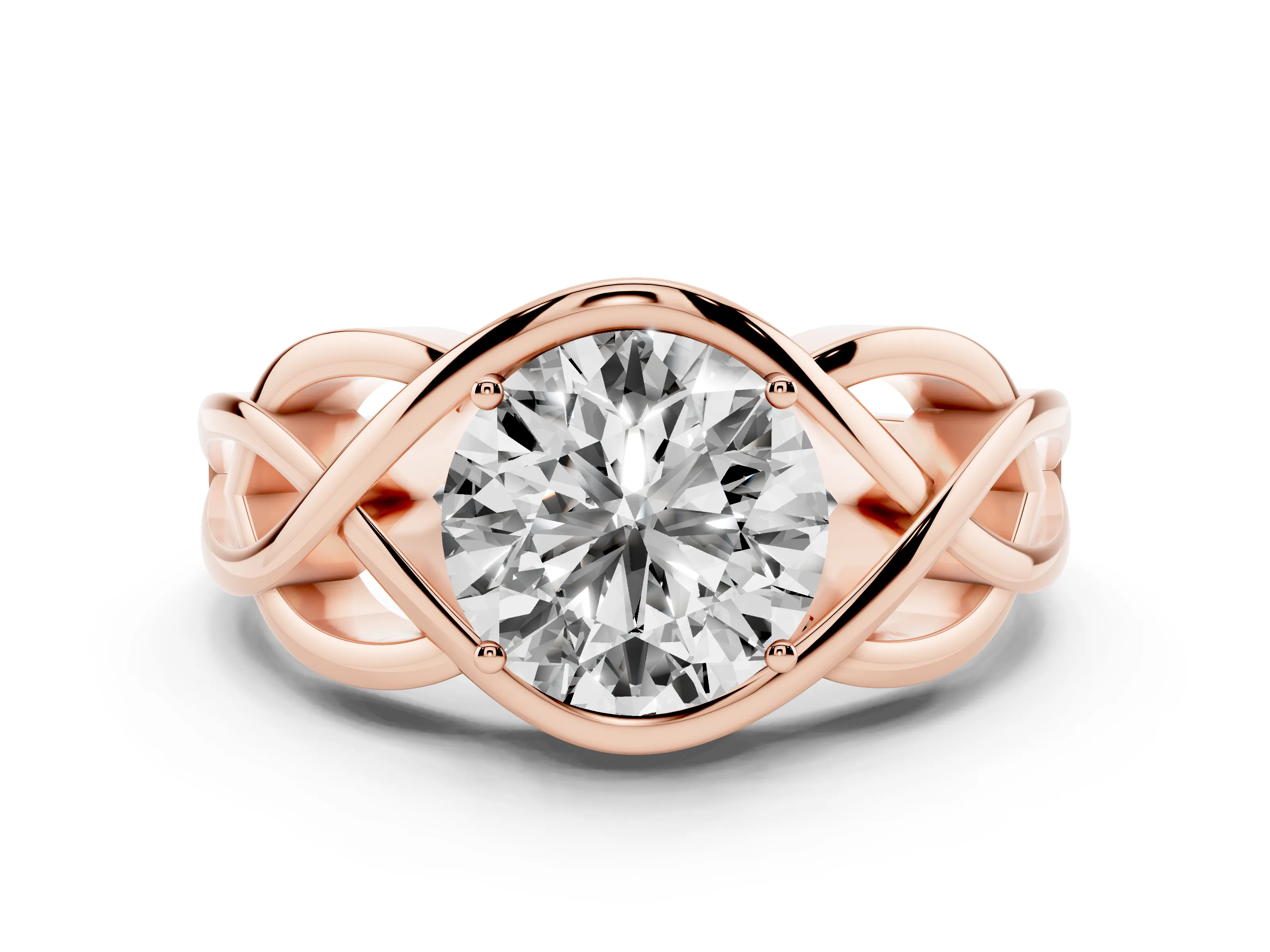 Round Cut Diamond Solitaire Ring Set in Rose gold with Intertwined Band