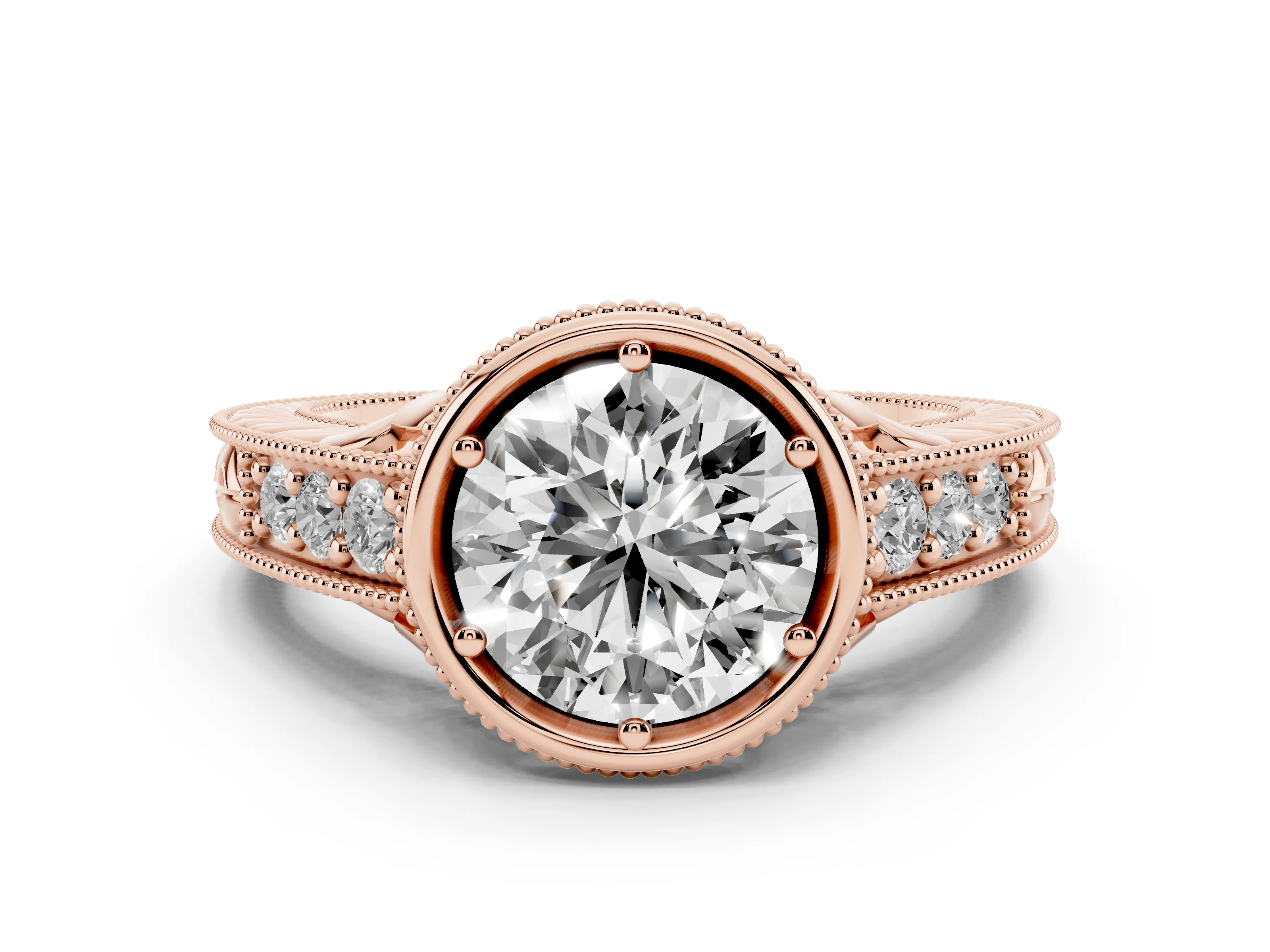Bezel Set Round Cut Diamond Milgrain Pavé Engagement Ring Set in Rose gold