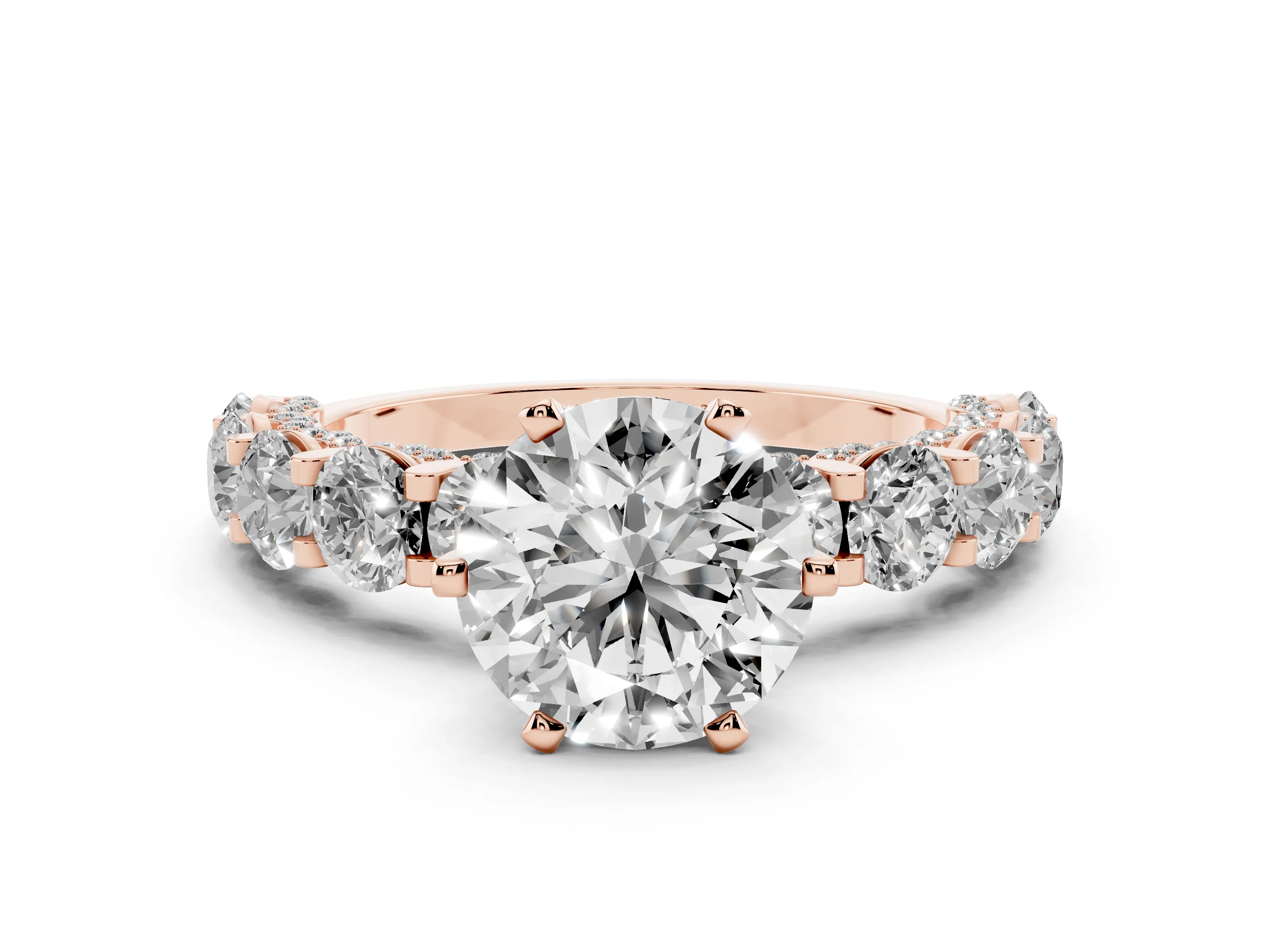 Round Cut Diamond Side Stone Ring Set in Rose gold with Alternating Round and Oval Side Stones