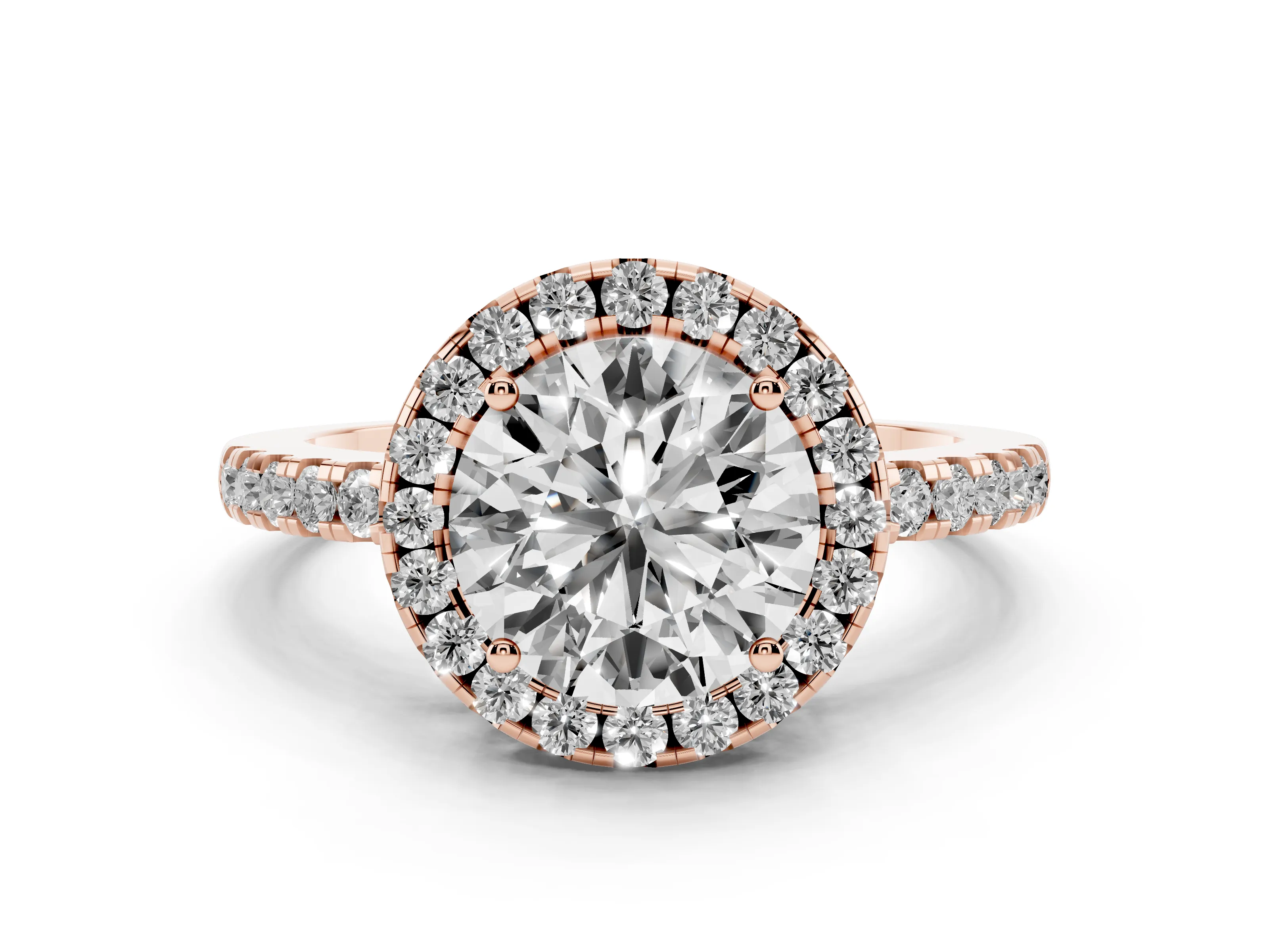 Round Cut Diamond Pavé Band Halo Engagement Ring Set in Rose gold with Prong Setting