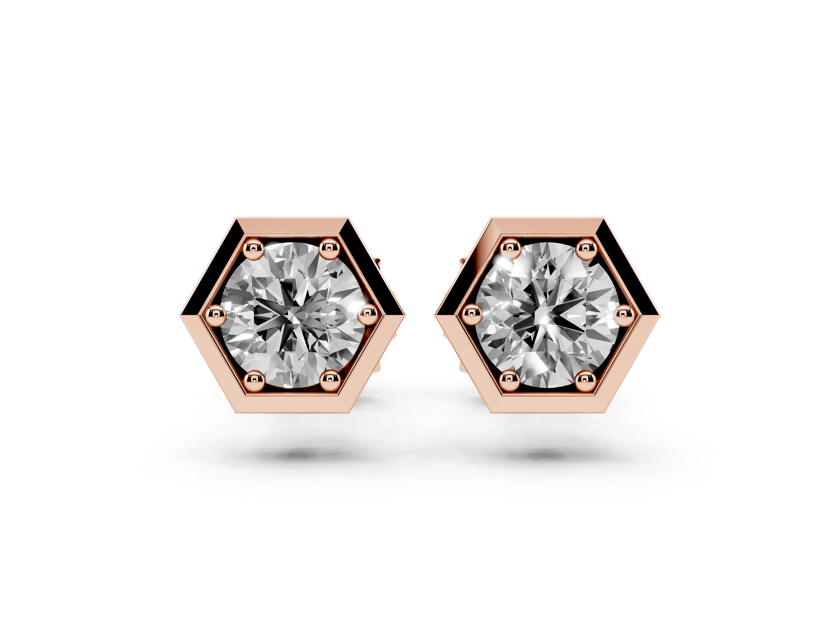 Round Lab-Grown Diamond Hexagon Frame Stud Earrings | Prong Set Solitaire | Rose Gold